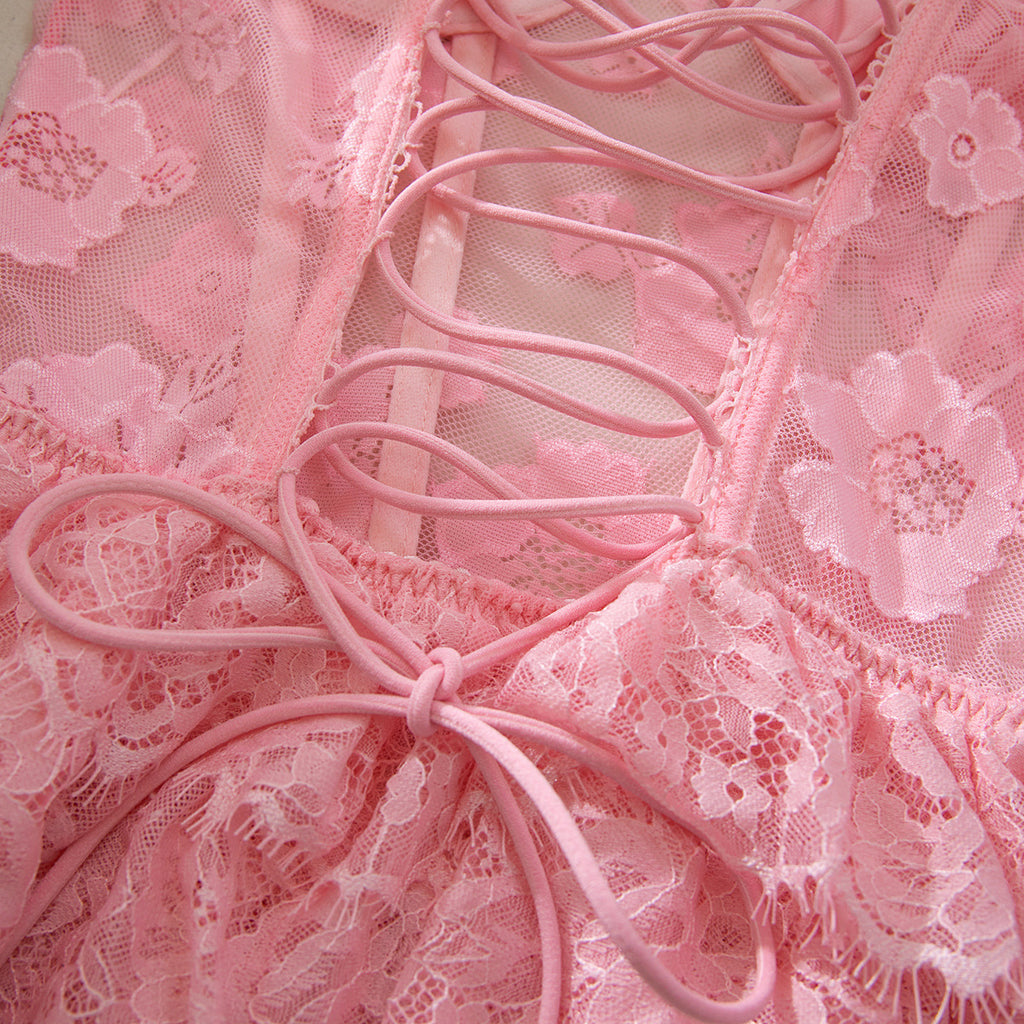Pink Sexy Multi Layer Lace Plastic Bones Body Shaping Lace Strap Back Hollow Out Cutout out Dress