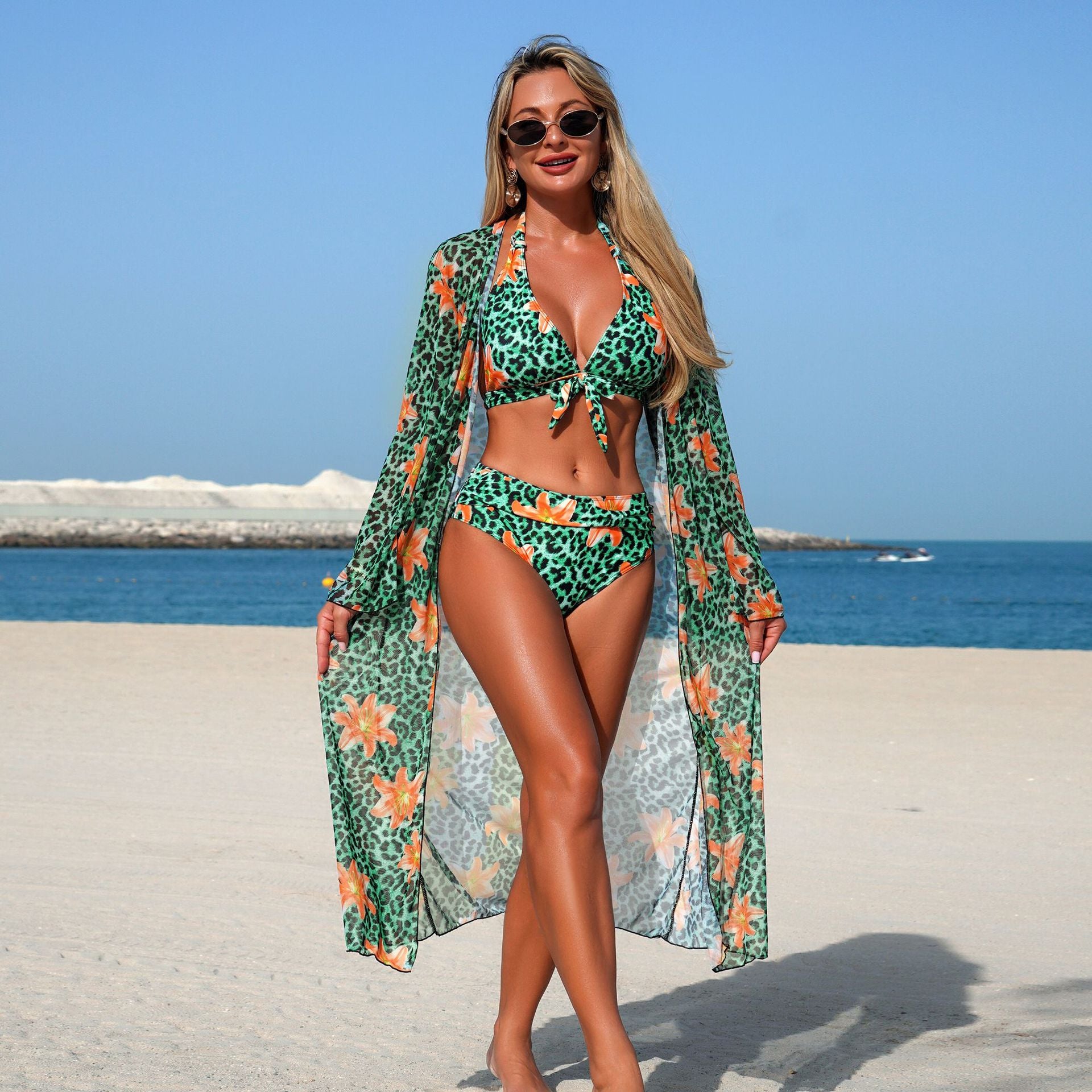 Swimwear women two piece three piece set leopard print long sleeve tagram blouse floral bikini