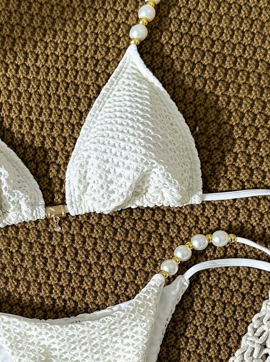 Summer Women White Pearl Spaghetti Strap Halter Sexy Seaside Vacation Beach Bikini