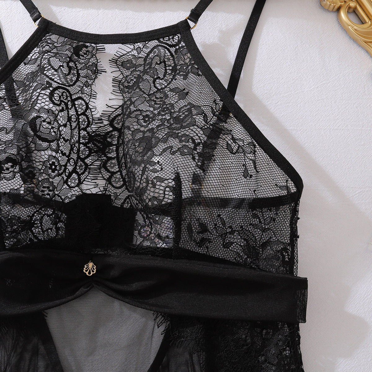 Eyelash Lace Sexy Hollow Out Cutout out Camisole Stitching Comfortable Mesh See through Nightdress Two Piece Sets