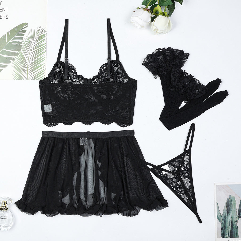Tie Ribbon Cross Black Sexy Sling Women Clothing Lace See through Sexy Lingerie Four Piece Set