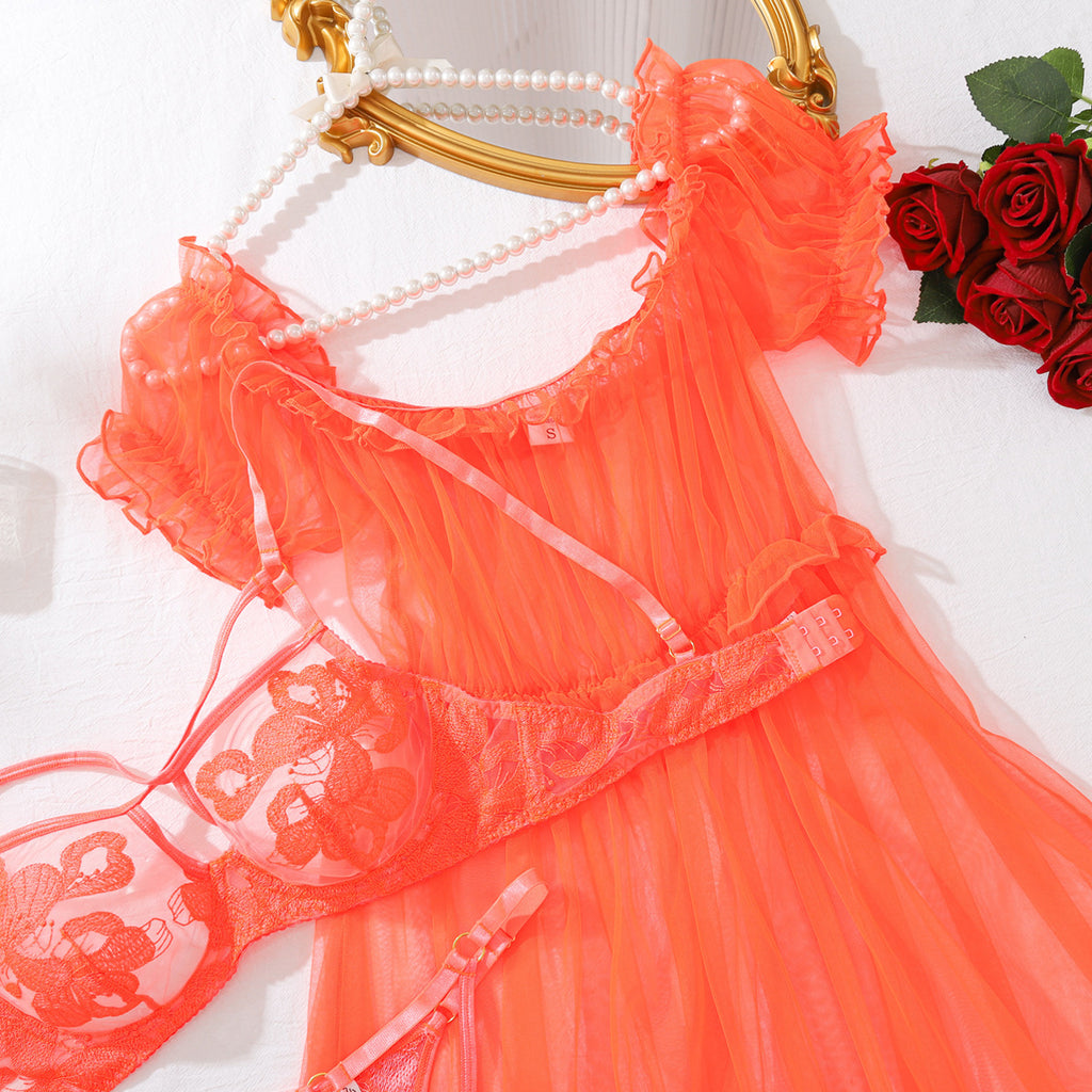 Sexy Mesh Nightdress Sexy Big Skirt See through Underwear Underwear Three Piece Set
