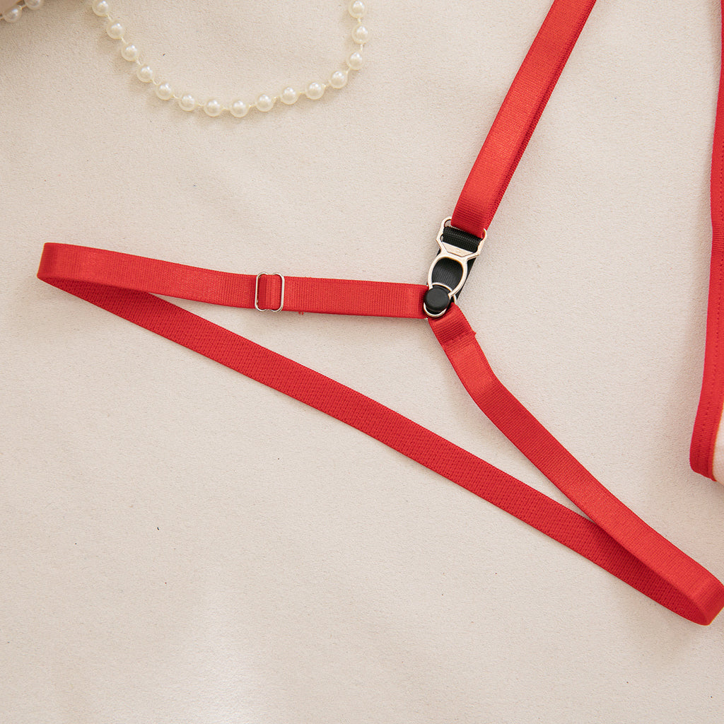 Embroidered Underwear Sexy Red Chest Cup Lining Three Piece Sets with Steel Ring