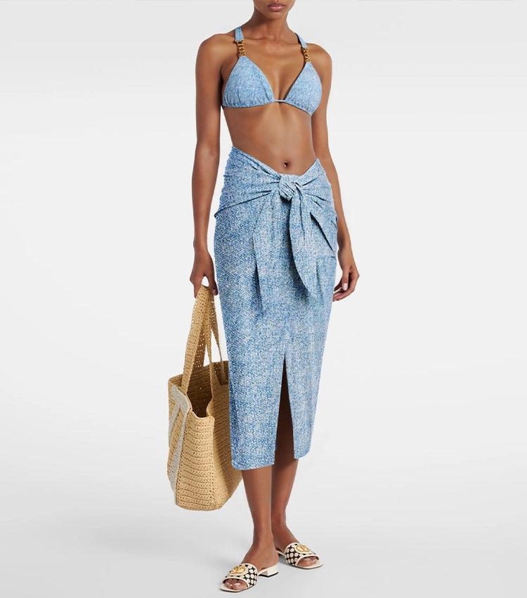Bikini Triangle Sexy Denim Printing Split Swimsuit Women Wrap Skirt