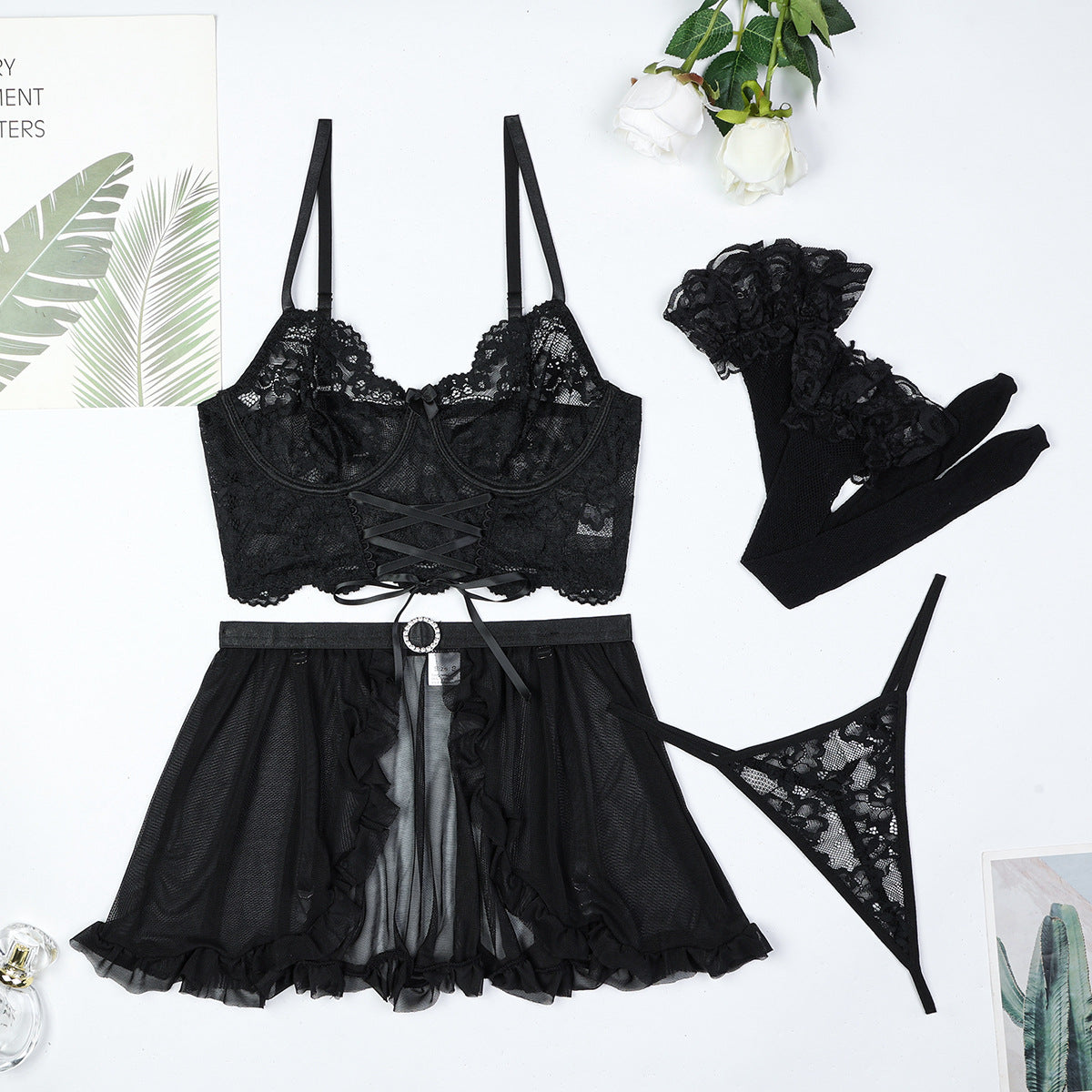 Tie Ribbon Cross Black Sexy Sling Women Clothing Lace See through Sexy Lingerie Four Piece Set