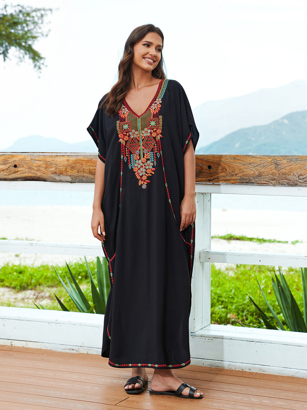 Casual Vacation Loose Maxi Dress Beach Cover up Embroidered Dress Bikini Swimsuit Outwear