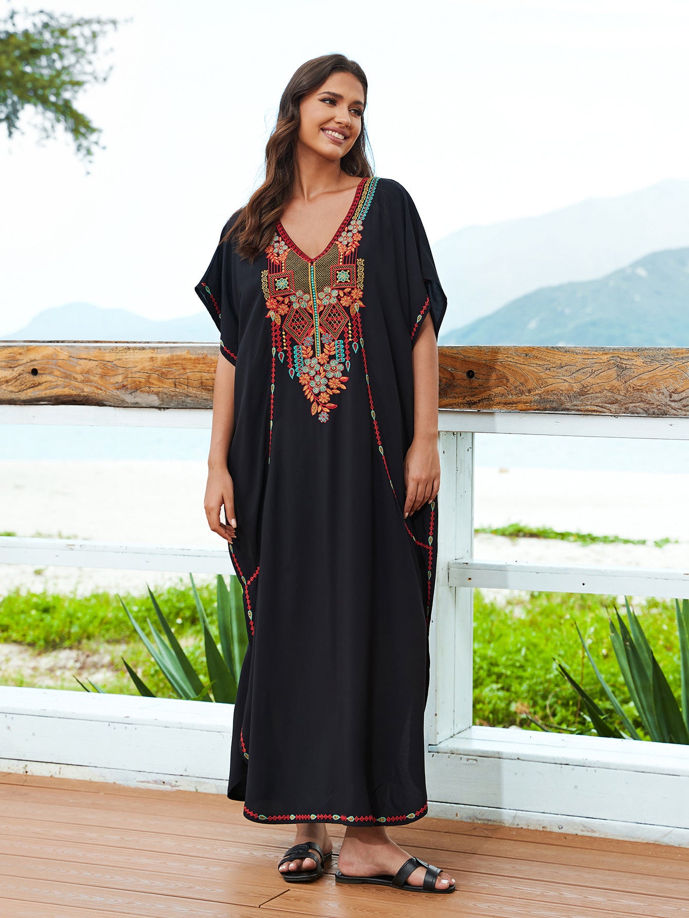 Casual Vacation Loose Maxi Dress Beach Cover up Embroidered Dress Bikini Swimsuit Outwear