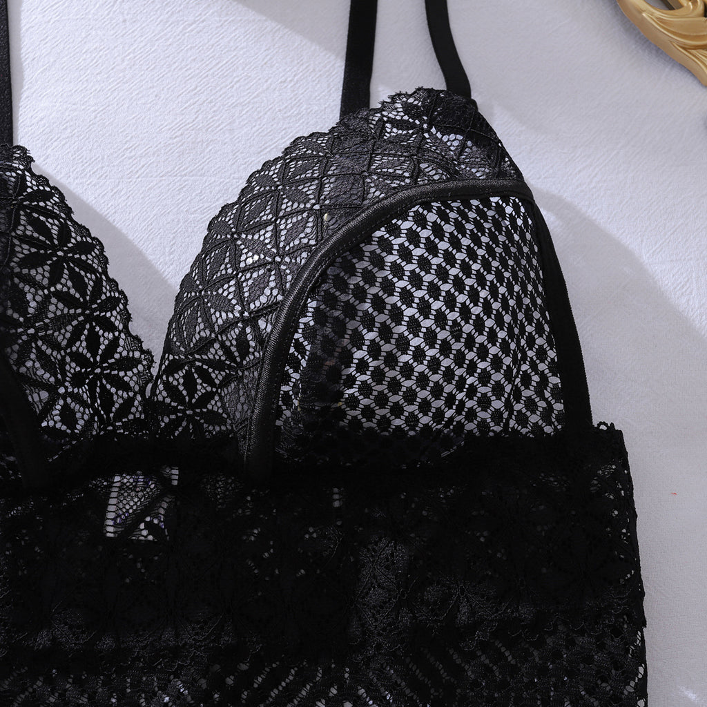 Deep V Plunge See through Lace Hollow Out Cutout Fishnet Clothes Body Shaping Sheath Sexy Sling Split Set