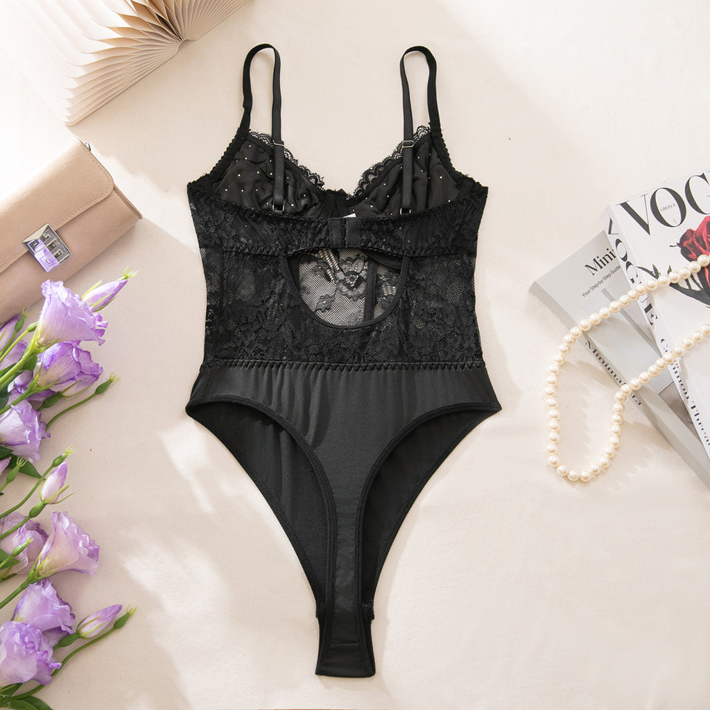 Black Staring Pearl Hand Wear Plastic Bones Shaping Body Shaping Double Layer Chest Cup Lace Jumpsuit Single Dressing