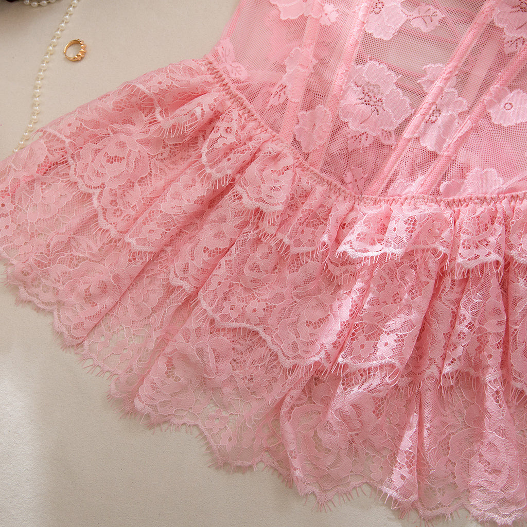 Pink Sexy Multi Layer Lace Plastic Bones Body Shaping Lace Strap Back Hollow Out Cutout out Dress