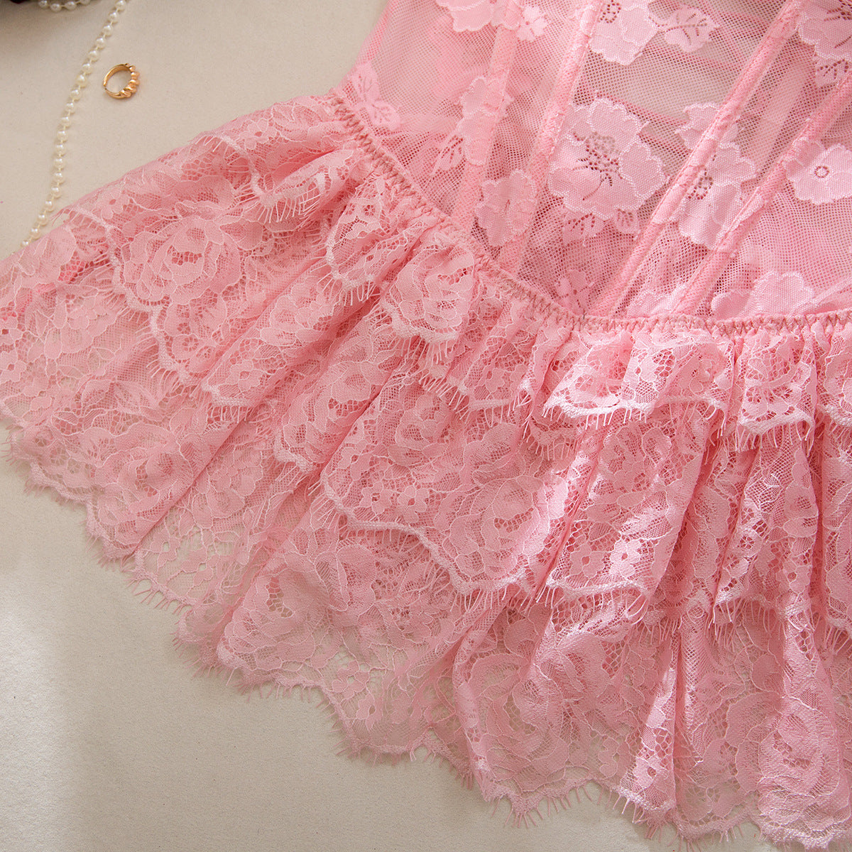 Pink Sexy Multi Layer Lace Plastic Bones Body Shaping Lace Strap Back Hollow Out Cutout out Dress