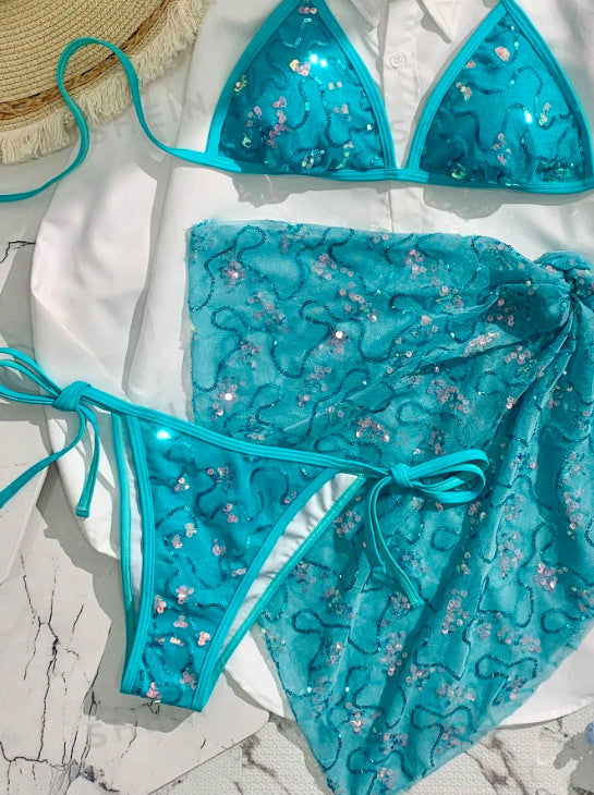 Summer Women Blue Sequined Spaghetti Strap Halter Holiday Sexy Beach Three Piece Bikini Swimsuit