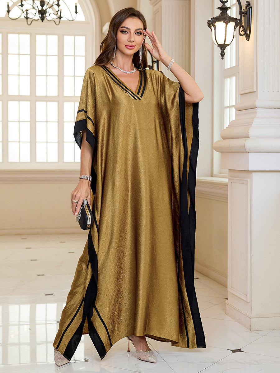 Polyester Satin Gold Vacation Beach Coat with Maxi Dress Loose Robe Swimsuit Blouse Sun Protective Clothing