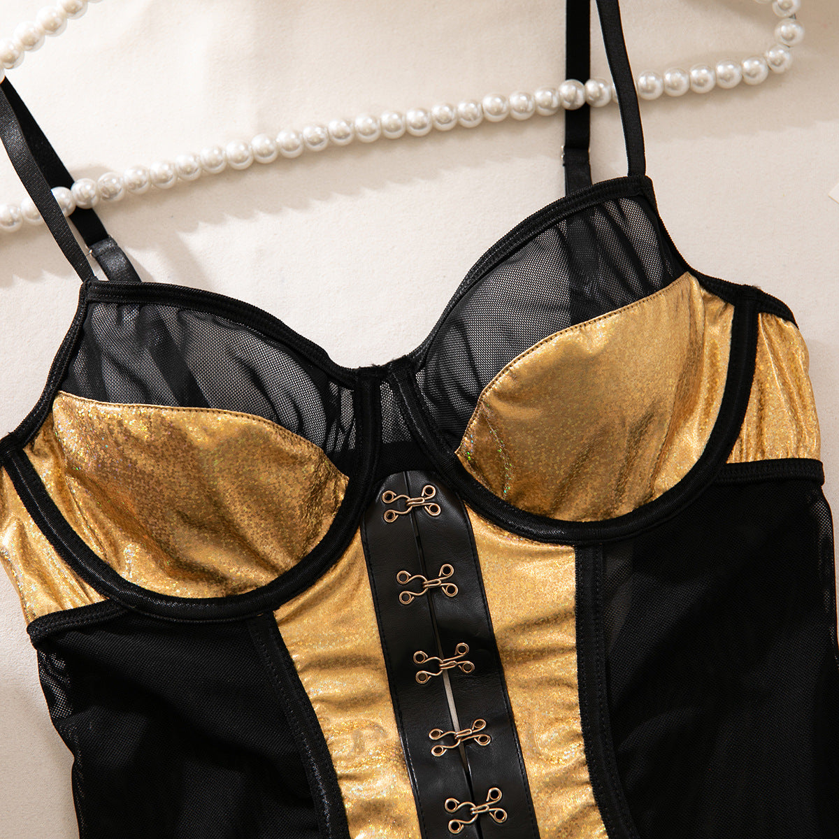 Golden Leather Angle Reflective Stitching Mesh Metal Decoration Sleeveless Jumpsuit