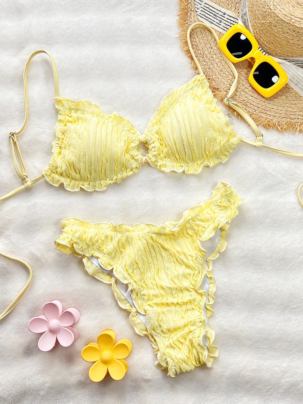 Classics Women Summer Simple Graceful Ruffled Bikini Swimsuit Set Beachwear