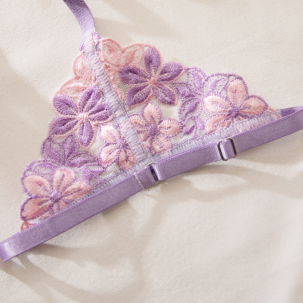 Purple Floral Embroidered Chest Cup with Lining Not Transparent Sexy Lingerie Three Piece Set Women