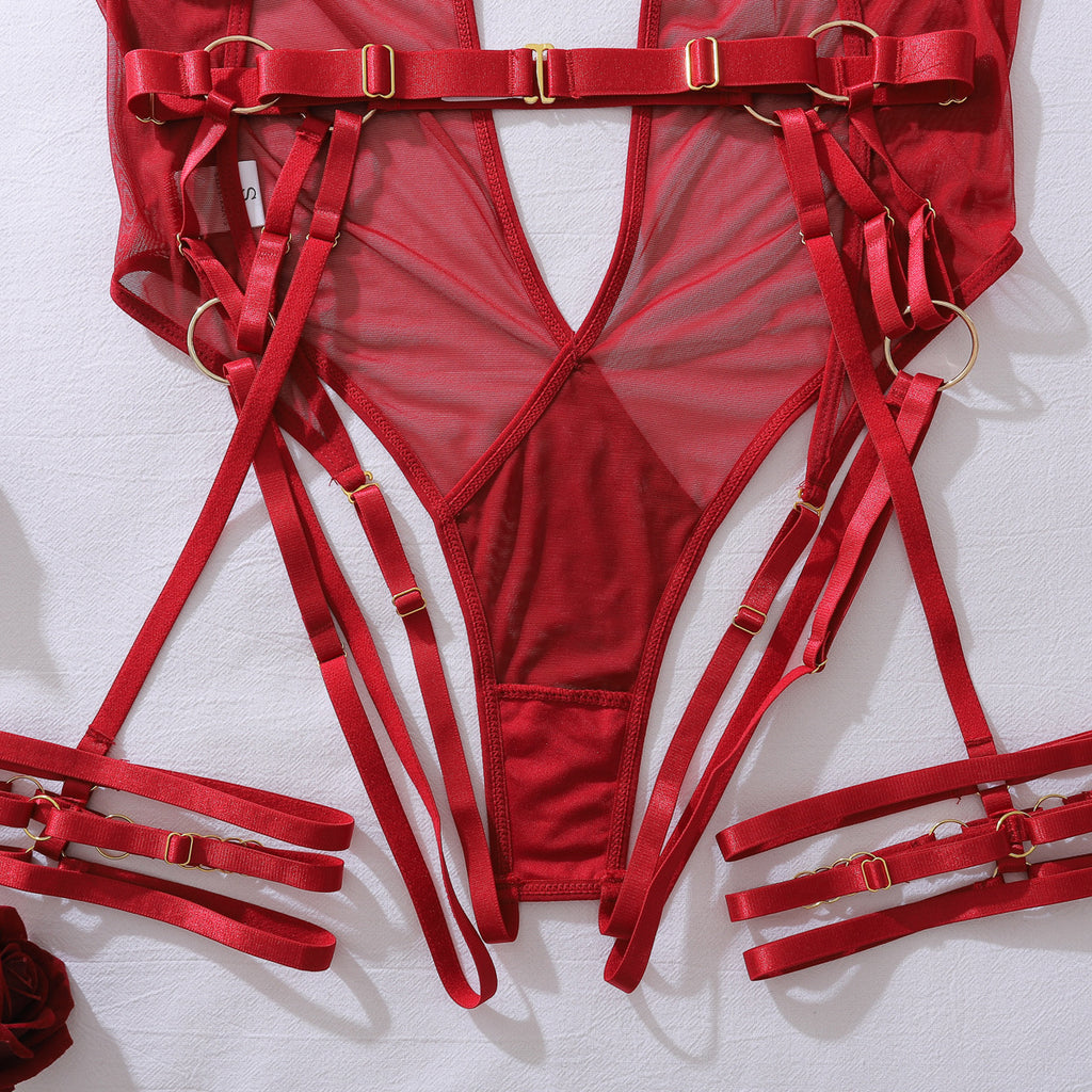 Complex Multi Strap Heavy Metal Halter Tulle Jumpsuit Sheer Mesh Body Shaping Sexy Lace up Set