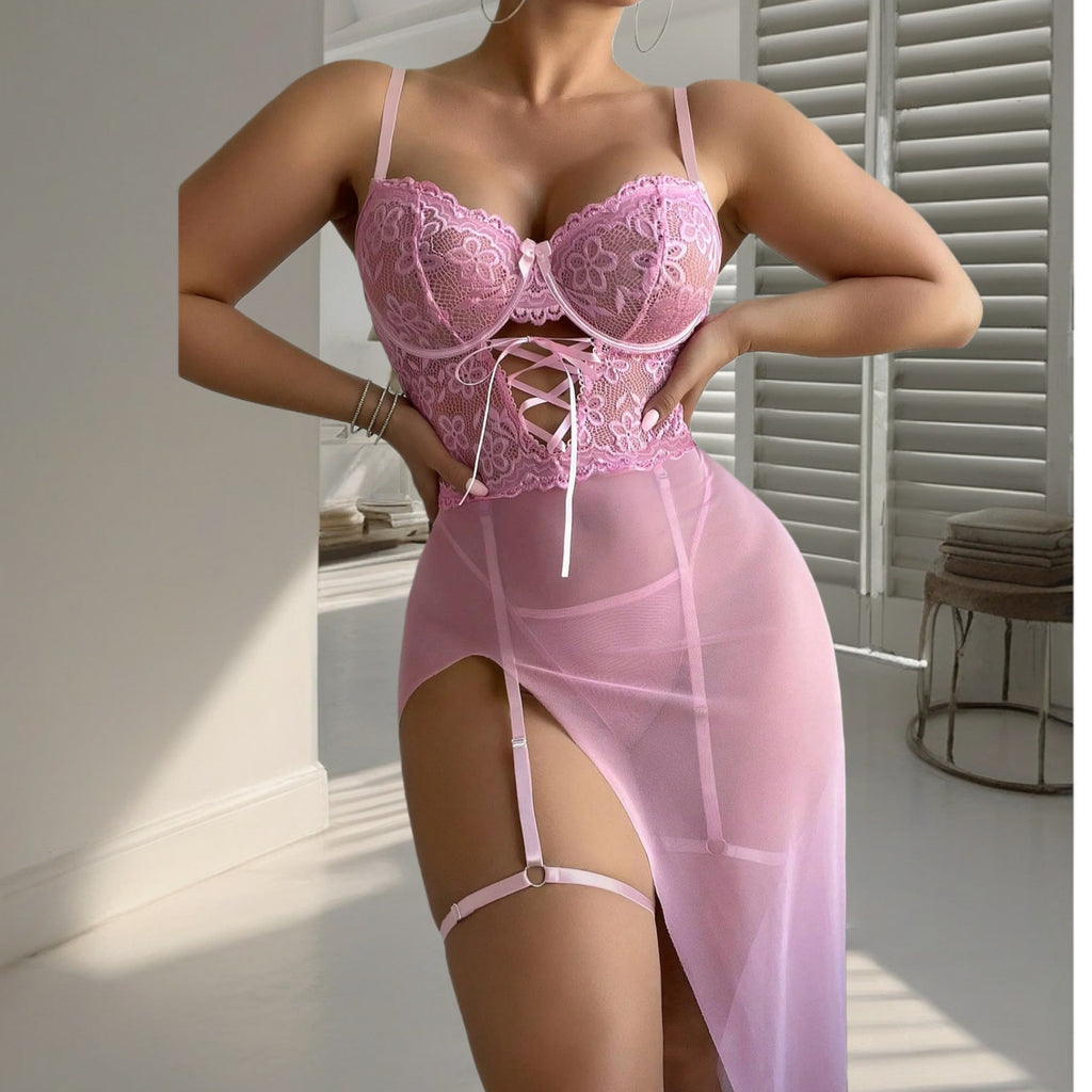See through Lace Stitching Sexy Lingerie with T Back Women Sexy Light Pajamas Bow Hip Bag Maxi Dress Pajamas