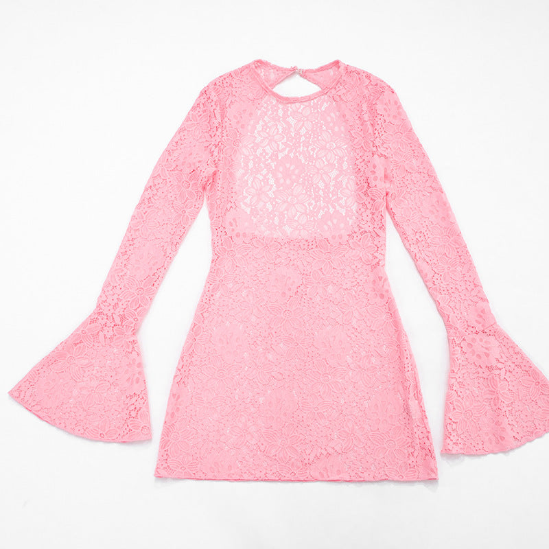 Women Clothing Summer Beach Triangle Cup Swimming Trunks Lace Long Sleeve Dress Three Piece Set