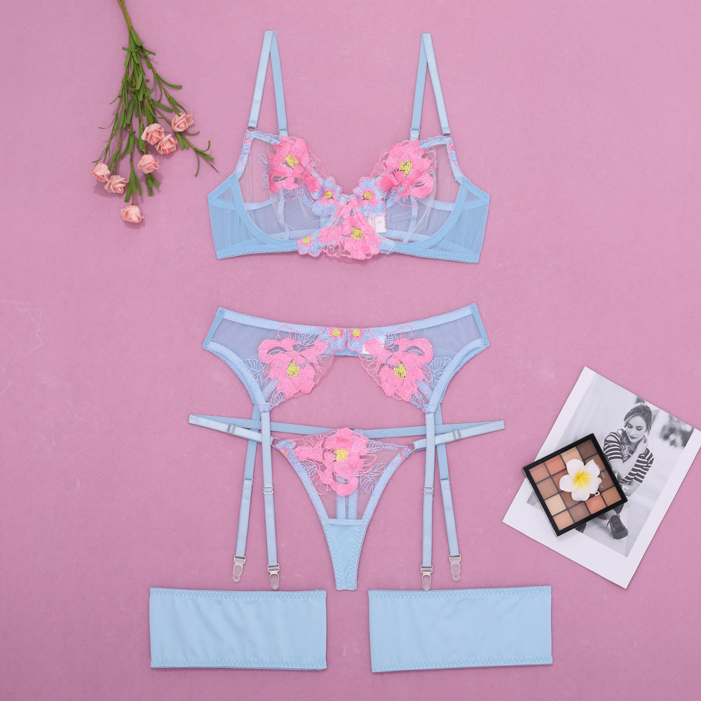 Sexy Three Point Embroidery Mesh See through Sexy Lingerie Four Piece Set