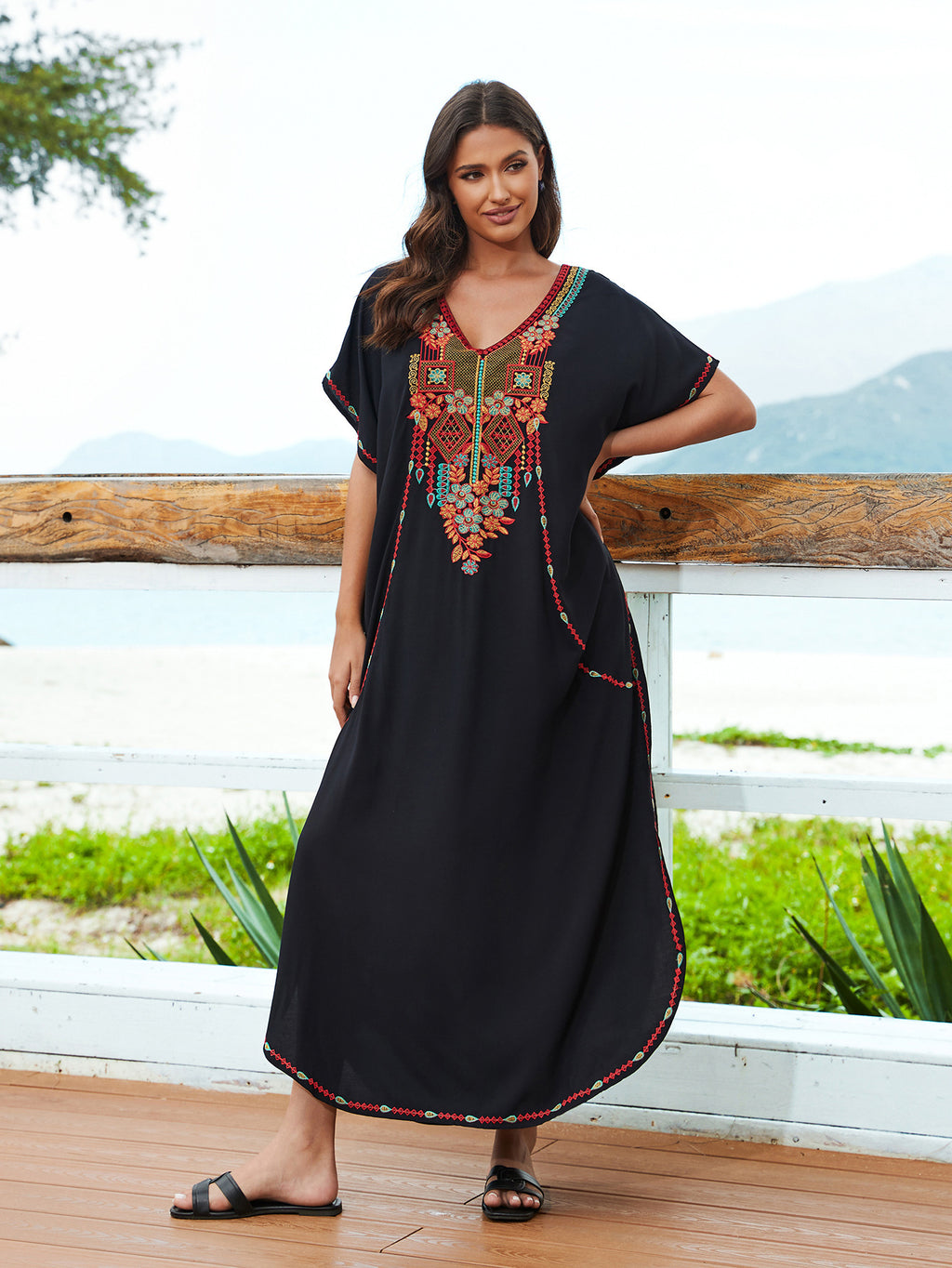 Casual Vacation Loose Maxi Dress Beach Cover up Embroidered Dress Bikini Swimsuit Outwear