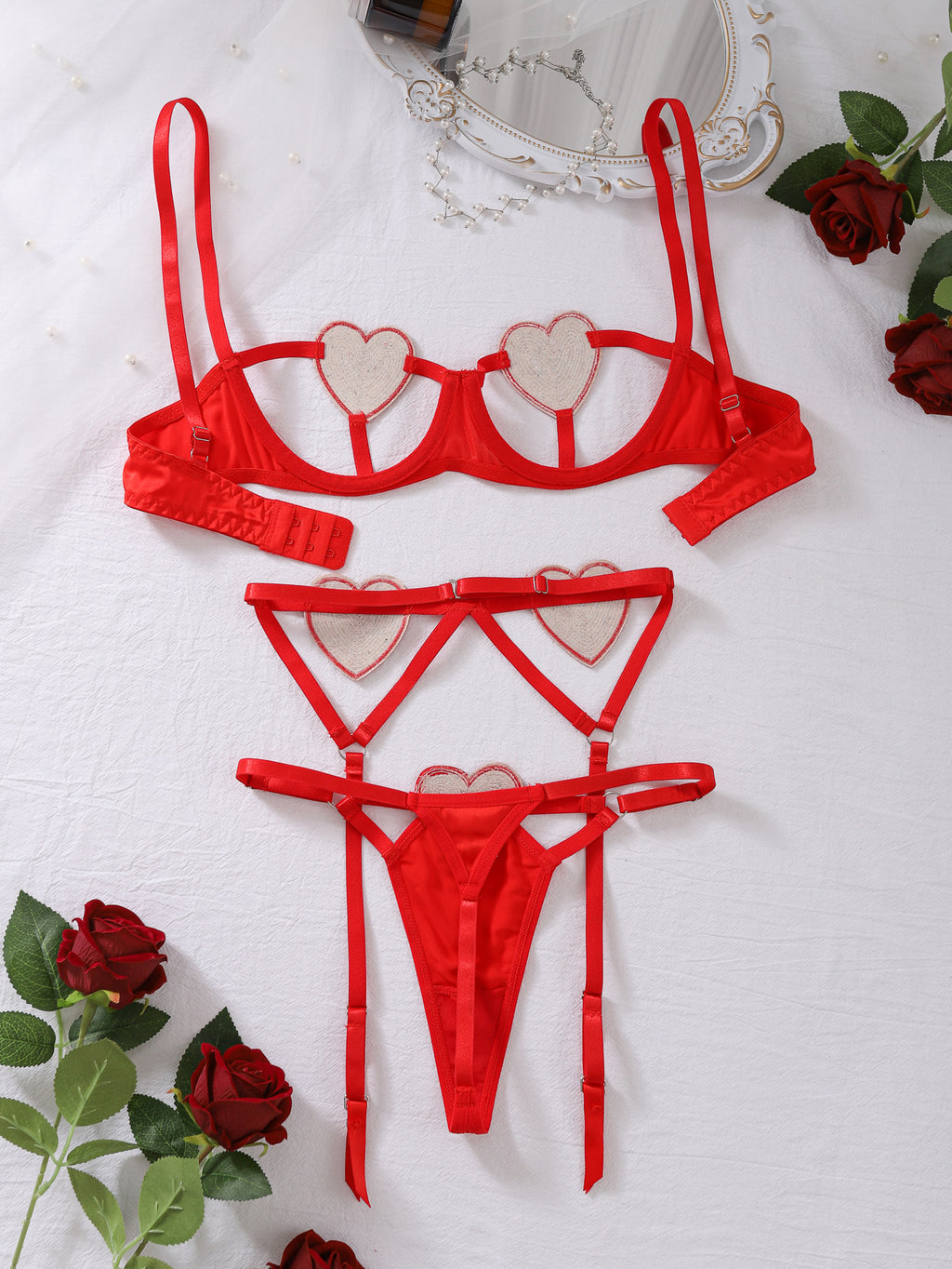Sexy Underwear Sequ Love Embroidered Pure Want Hollow Out Cutout Steel Ring Gathered Sexy Three Piece Set