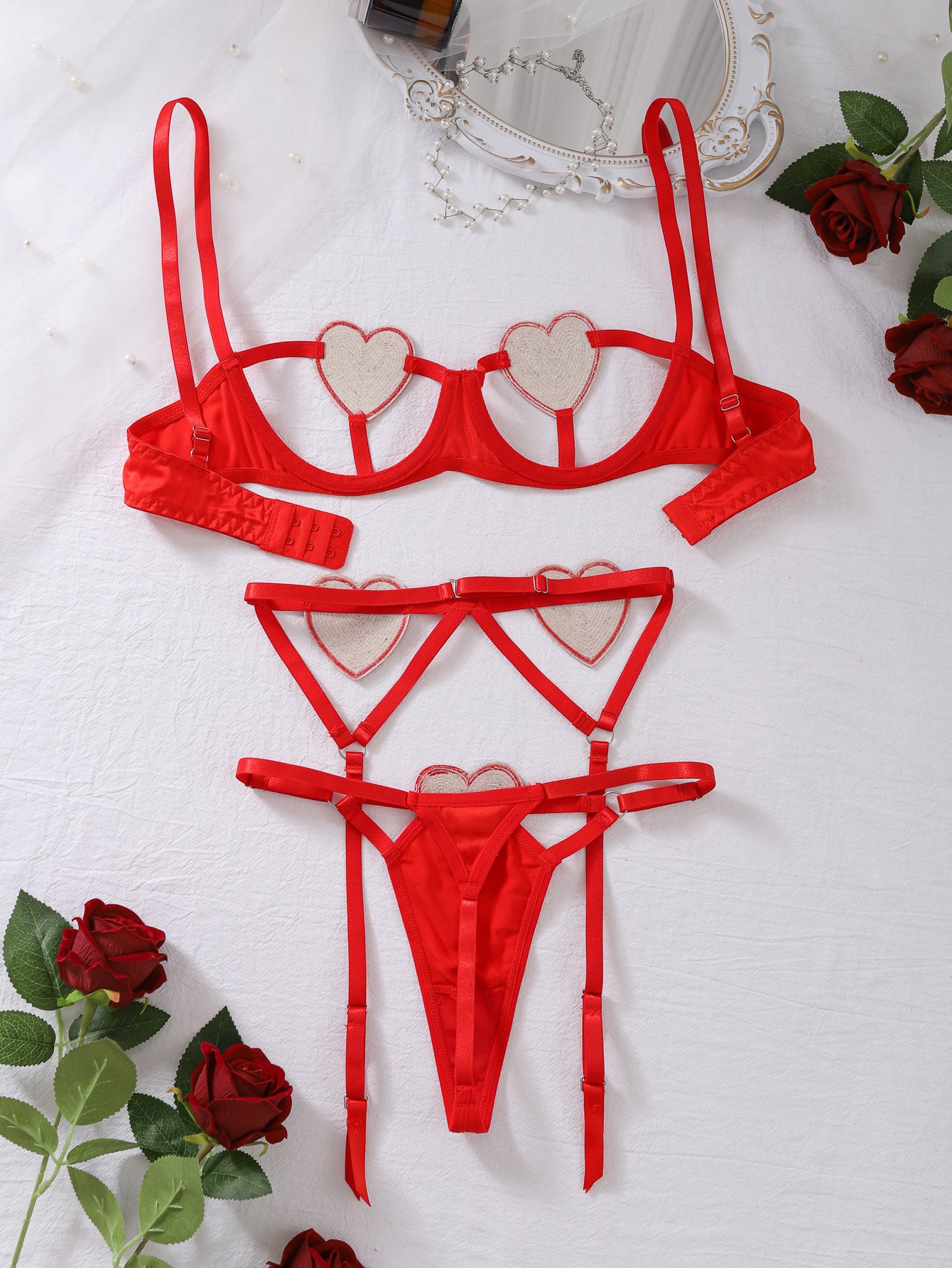 Sexy Underwear Sequ Love Embroidered Pure Want Hollow Out Cutout Steel Ring Gathered Sexy Three Piece Set
