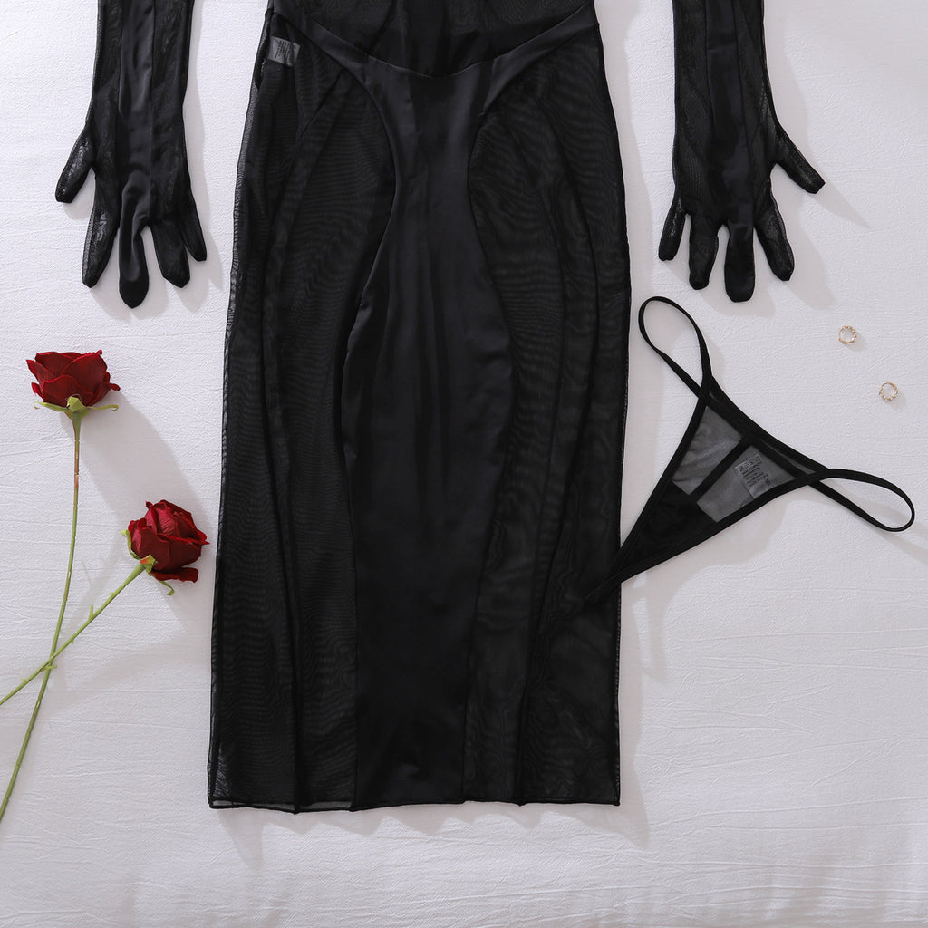 Fashionable Women Clothing Sheer Mesh Jumpsuit Body Shaping Sexy Three Piece Sets Matching Gloves