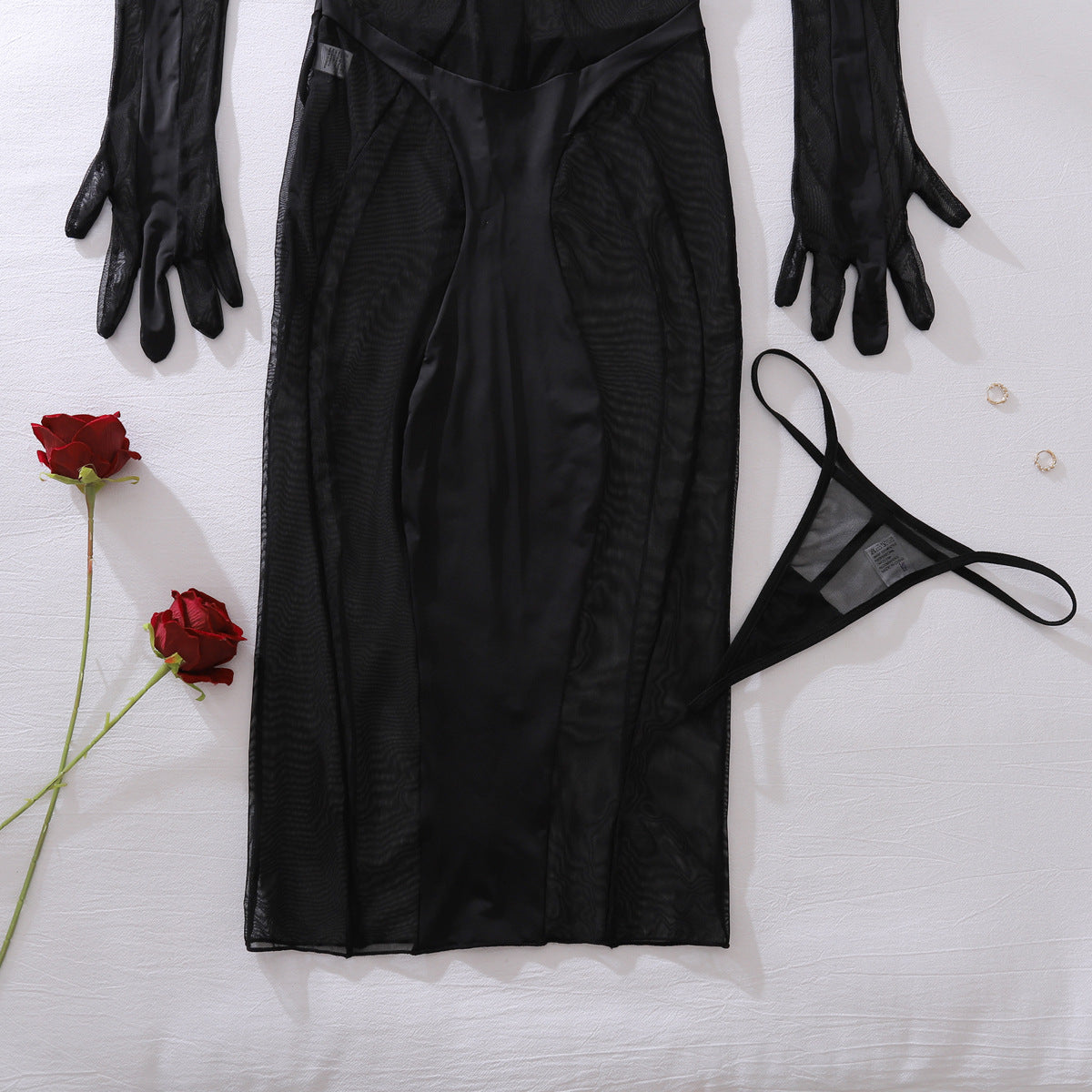 Fashionable Women Clothing Sheer Mesh Jumpsuit Body Shaping Sexy Three Piece Sets Matching Gloves