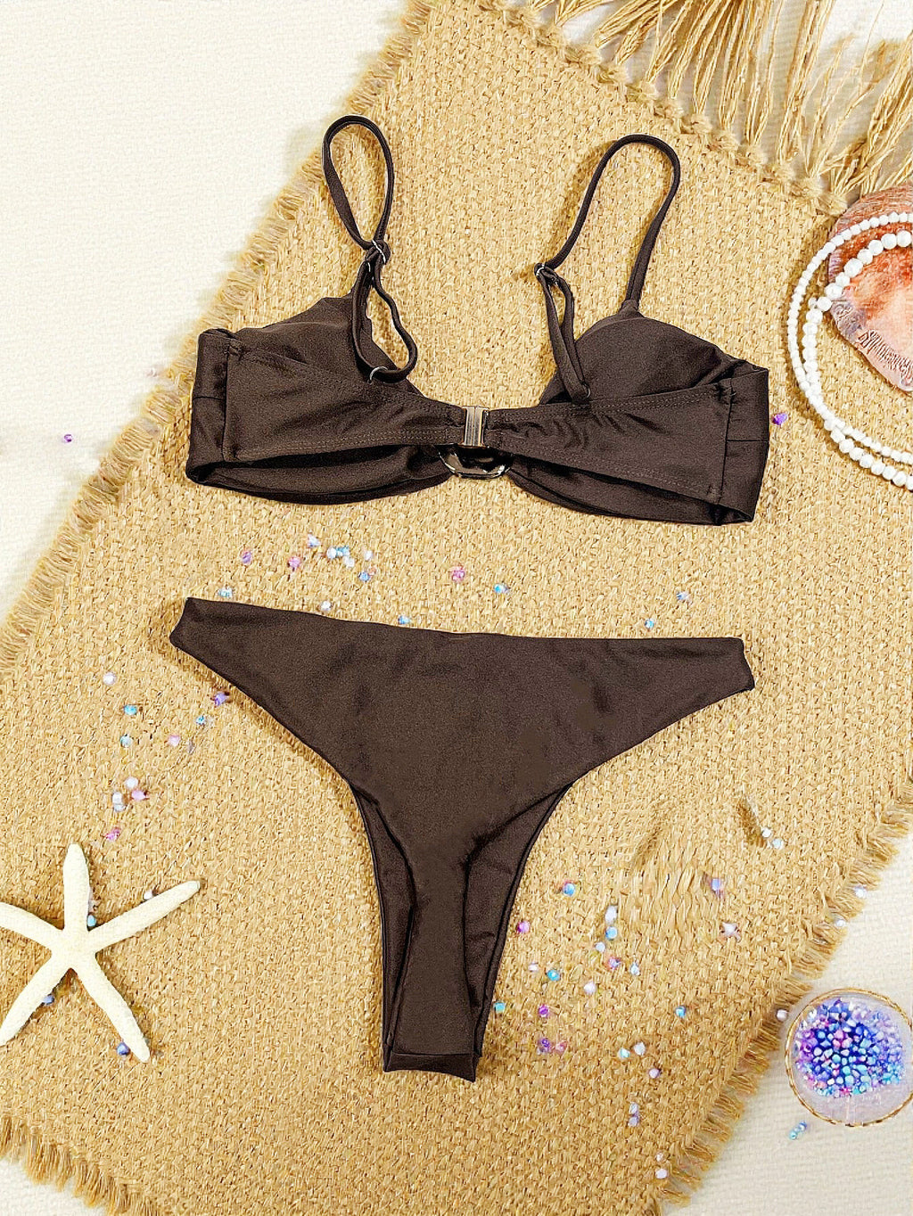 Vacation Strap Split Swimsuit Women Triangle Bikini Swimsuit Solid Color