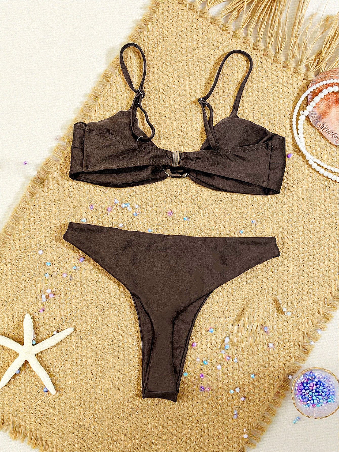 Vacation Strap Split Swimsuit Women Triangle Bikini Swimsuit Solid Color
