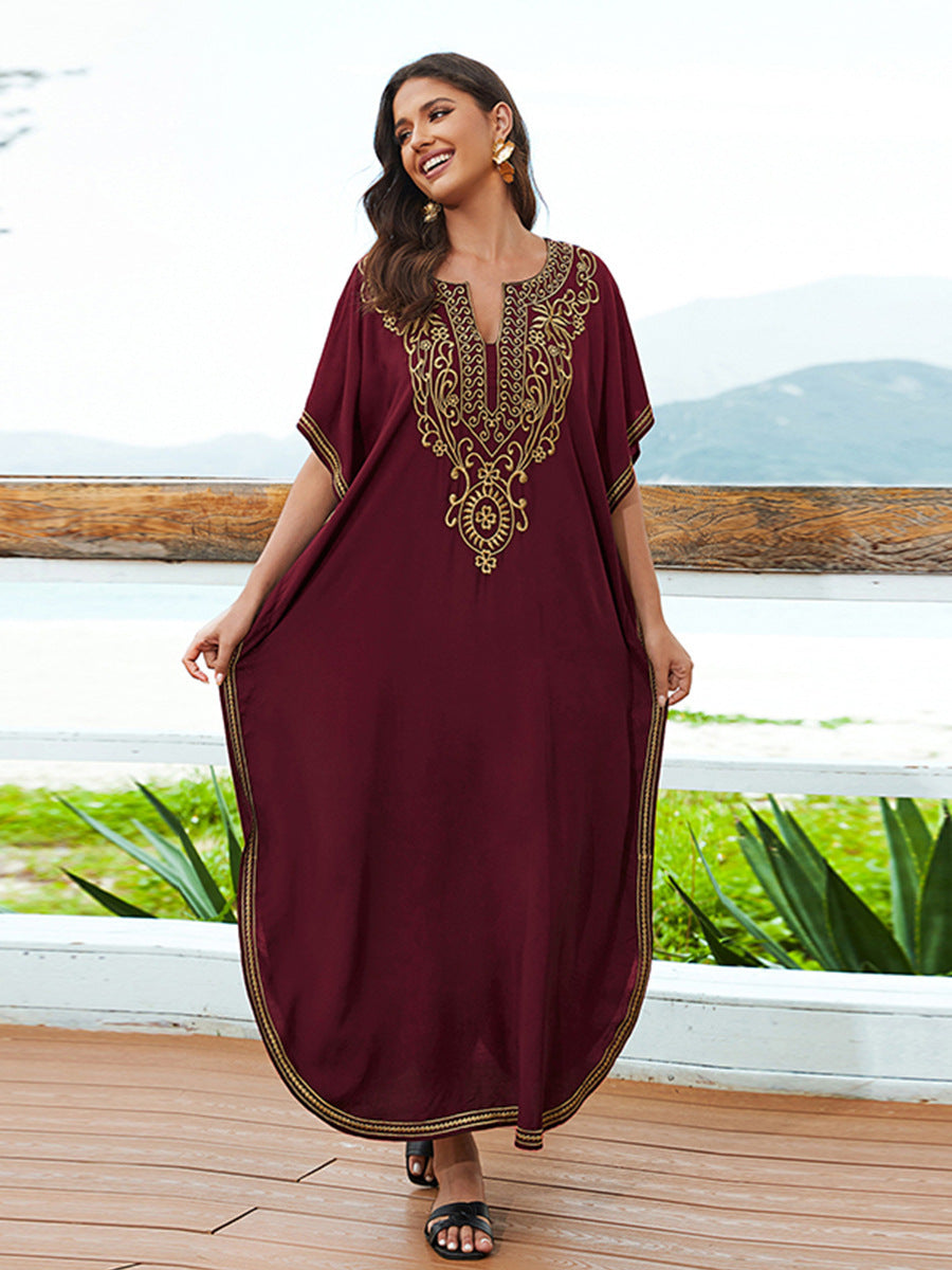 Cotton Embroidered Casual Vacation Loose Maxi Dress Beach Jacket Women Maxi Dress Beach Cover Up