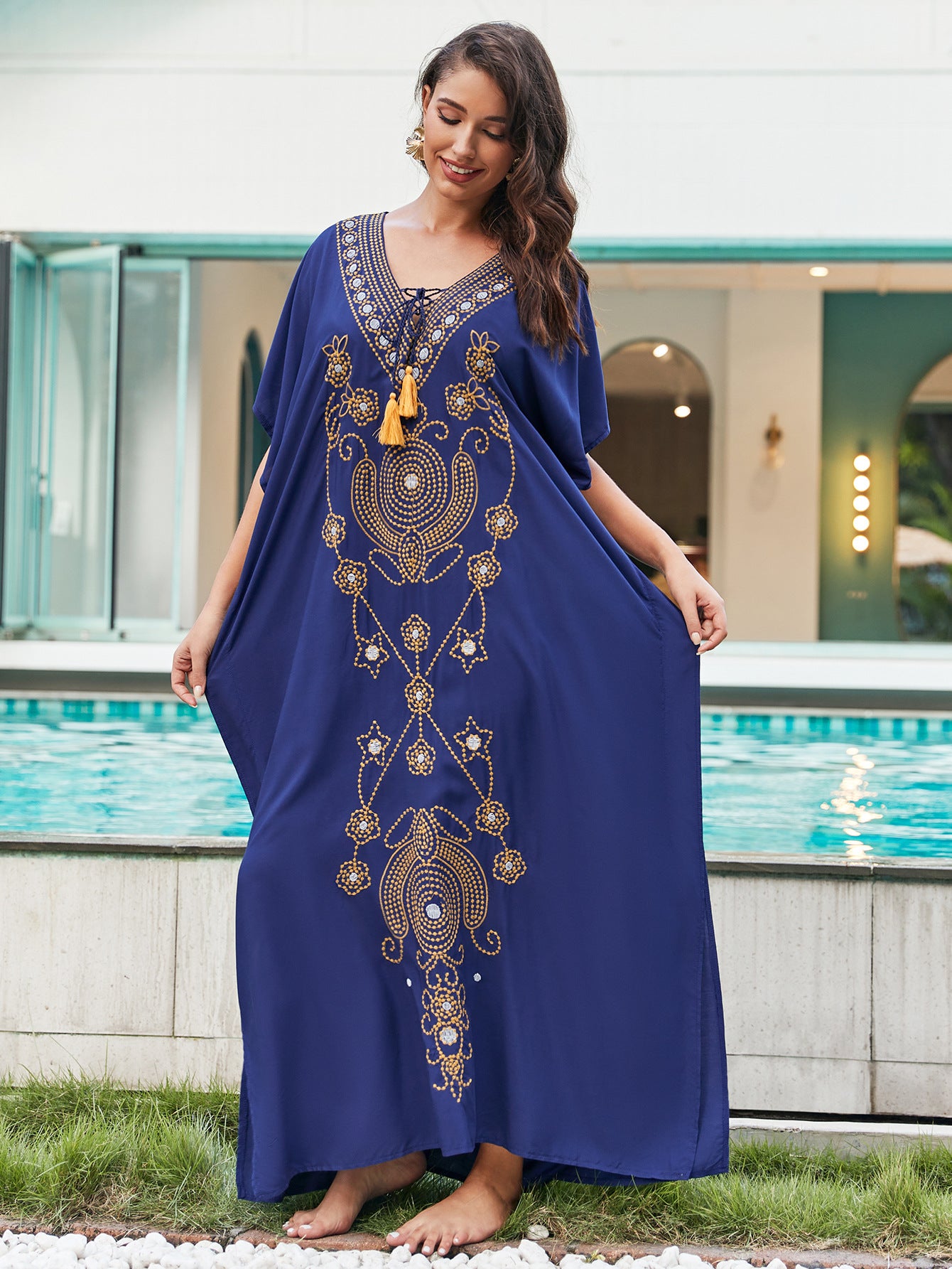 Rayon Embroidered Holiday Loose Maxi Dress Women Beach Jacket Maxi Dress Beach Cover Up