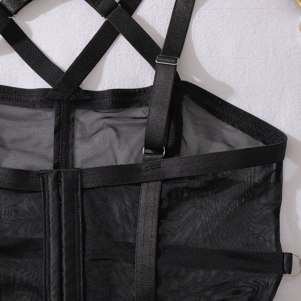 Fashionable See through Mesh Complex Craft Girdle Halter Sexy Set with Leggings