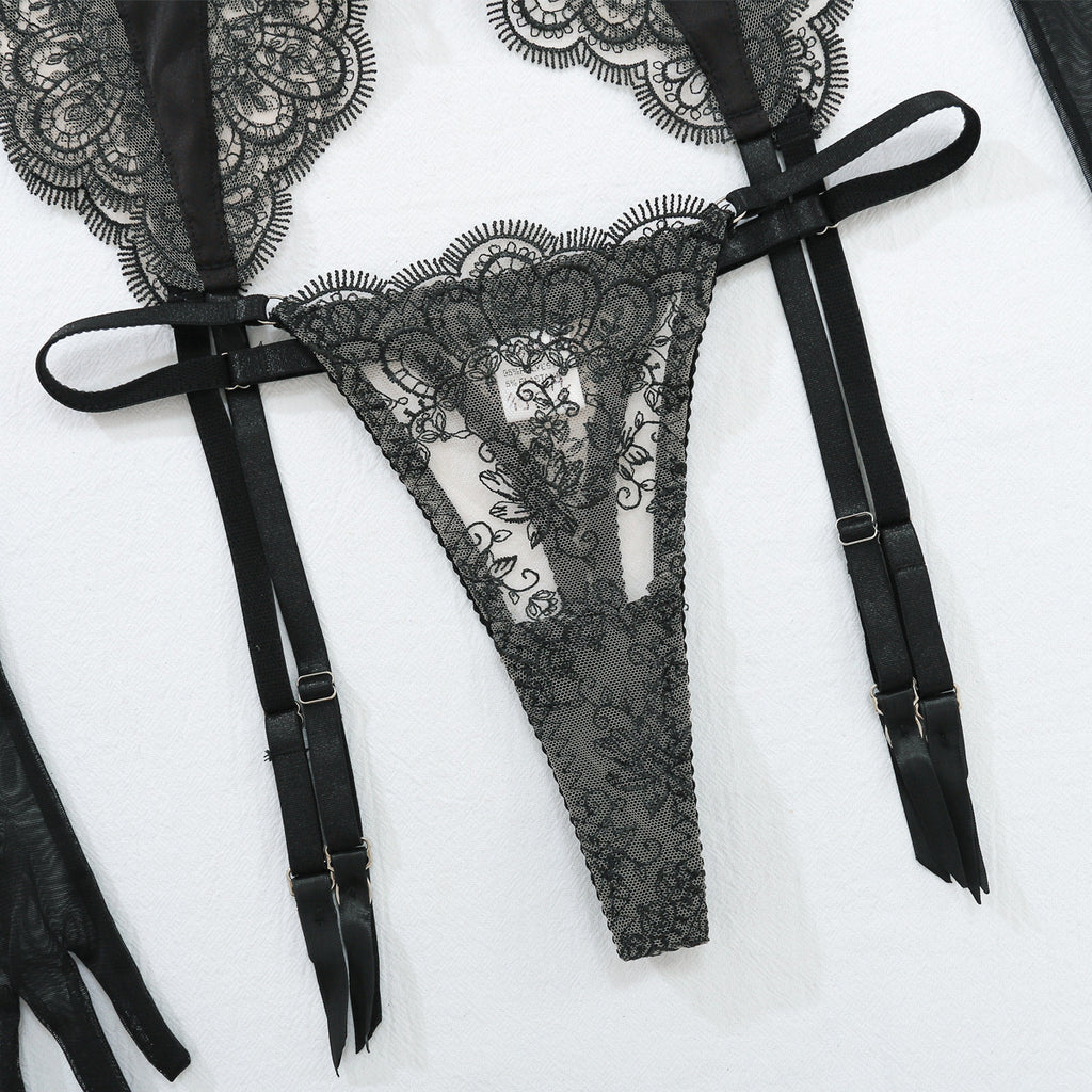 Popular Sexy Embroidery Lace Sexy Backless Bra Four Piece Set
