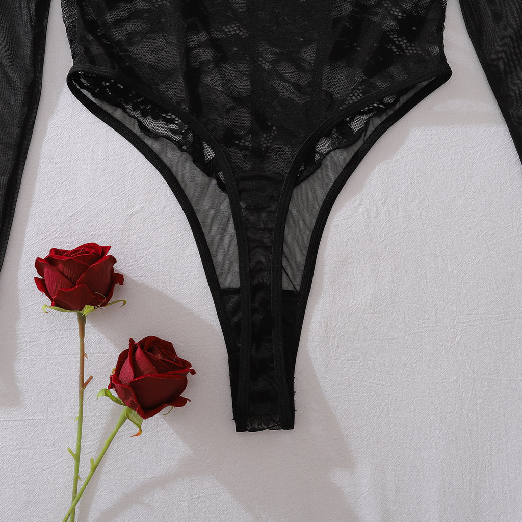Floral Cutout Lace Stitching Sheer Mesh Body Shaping Sexy Jumpsuit Adjustable Crotch