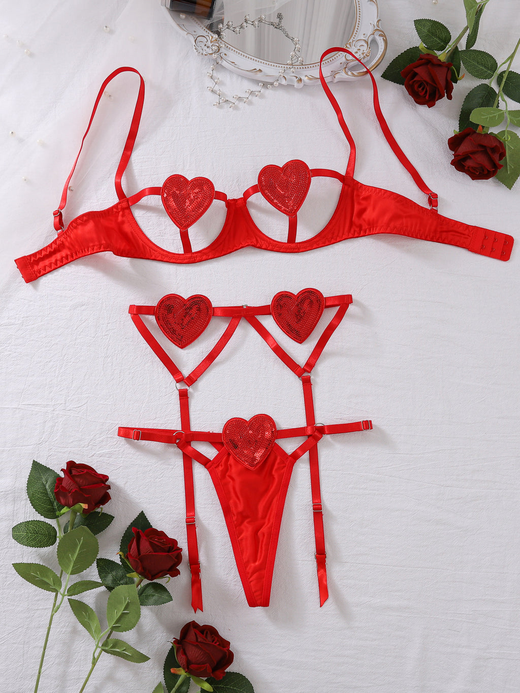 Sexy Underwear Sequ Love Embroidered Pure Want Hollow Out Cutout Steel Ring Gathered Sexy Three Piece Set