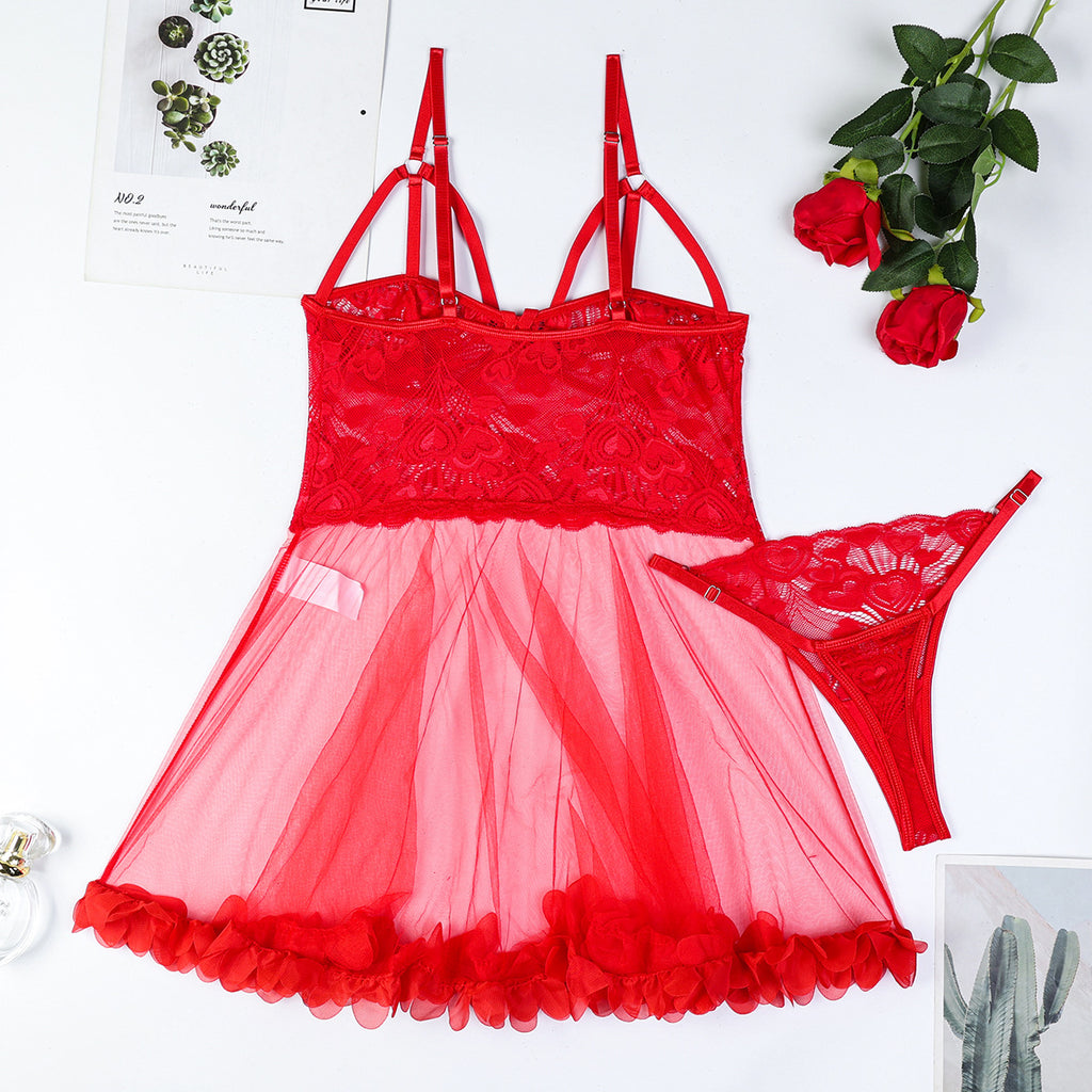 Valentine Day Red Sexy Pajamas Lace Stitching Mesh See through Suspender Skirt T Back Two Piece Sets Women
