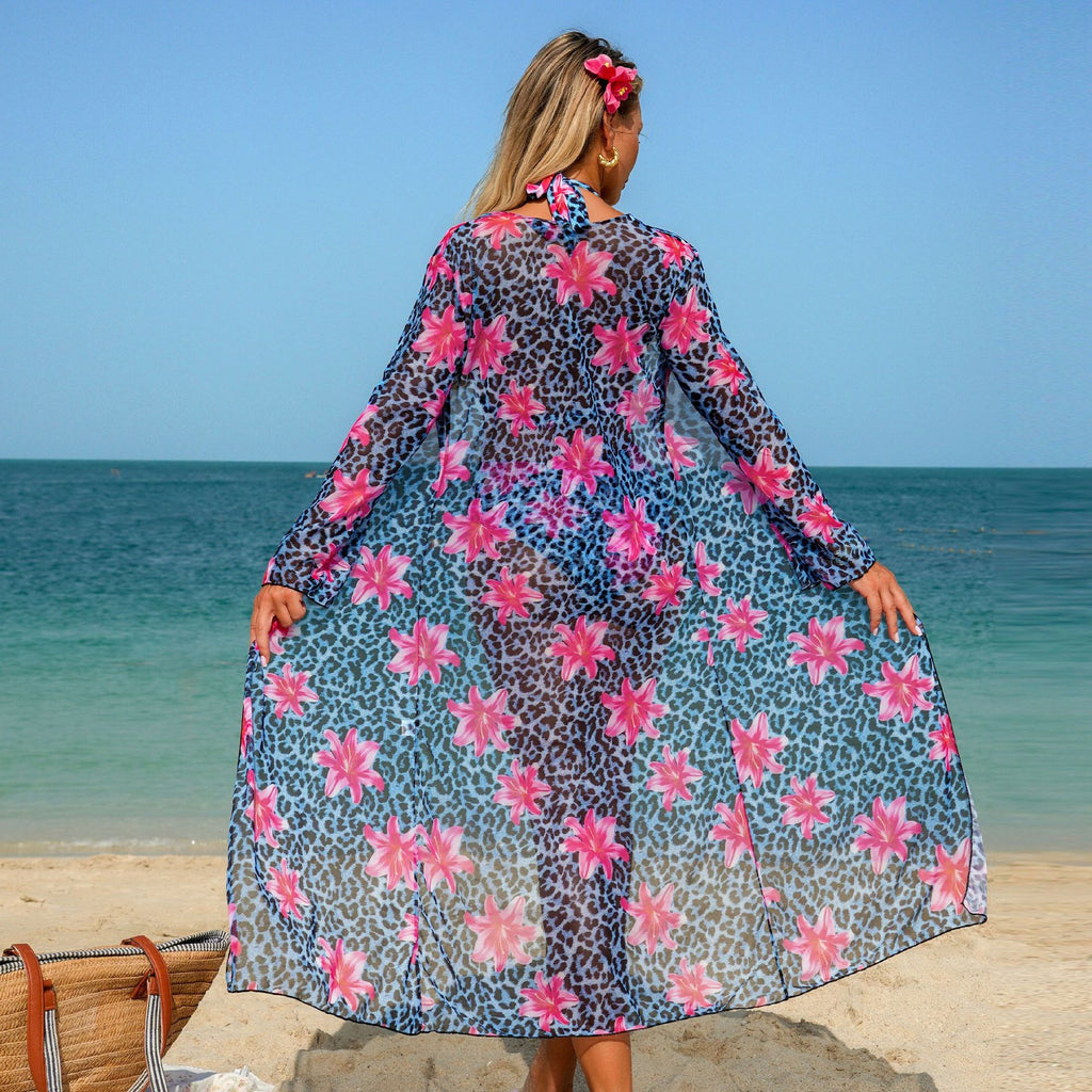 Swimwear women two piece three piece set leopard print long sleeve tagram blouse floral bikini