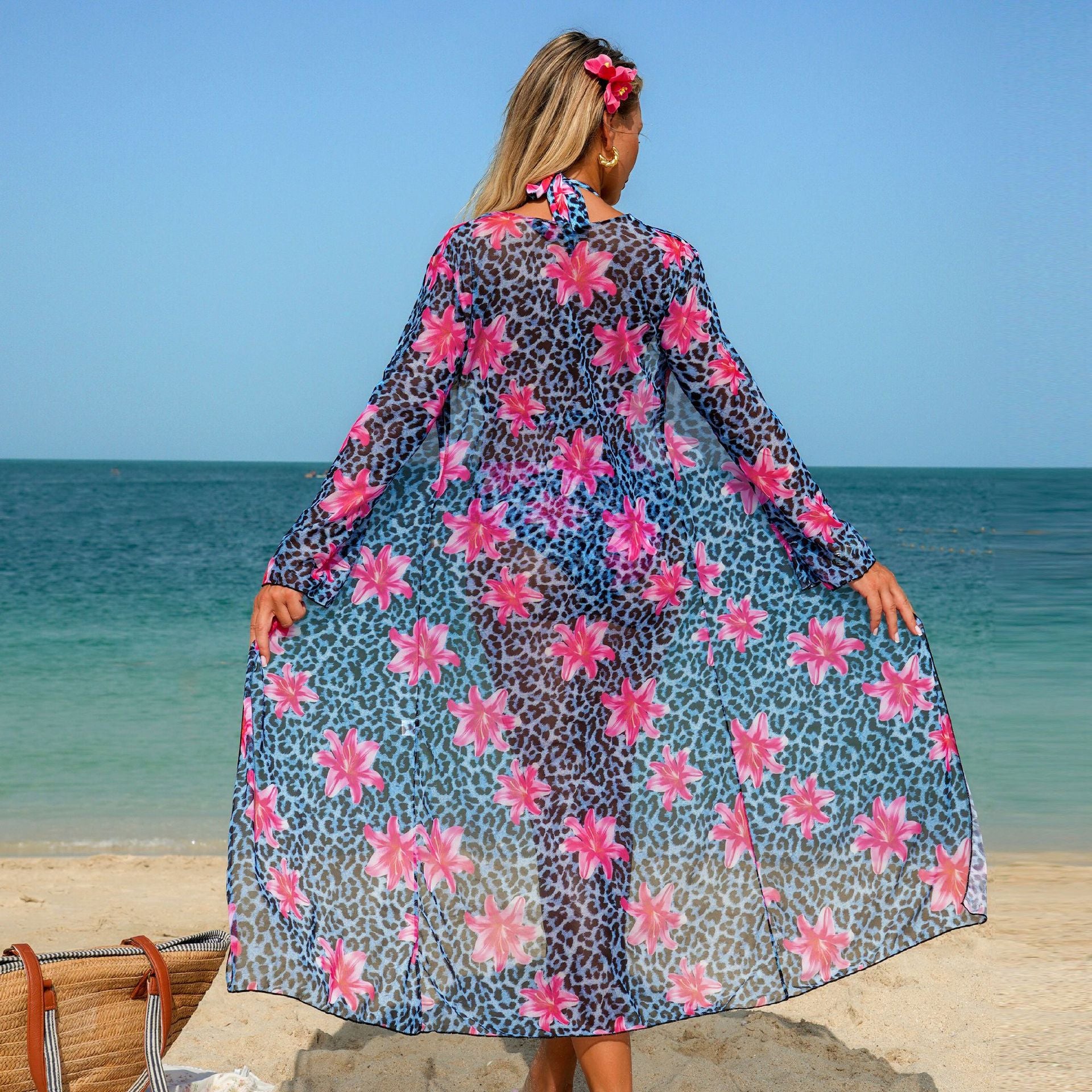 Swimwear women two piece three piece set leopard print long sleeve tagram blouse floral bikini
