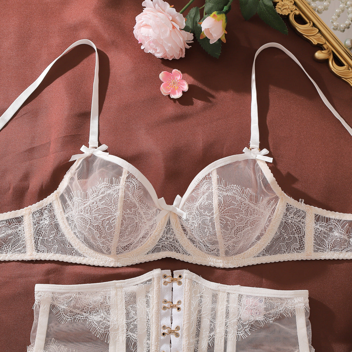 French Lace Sling See through Push up Body Shaping Sexy Thin Underwear Set