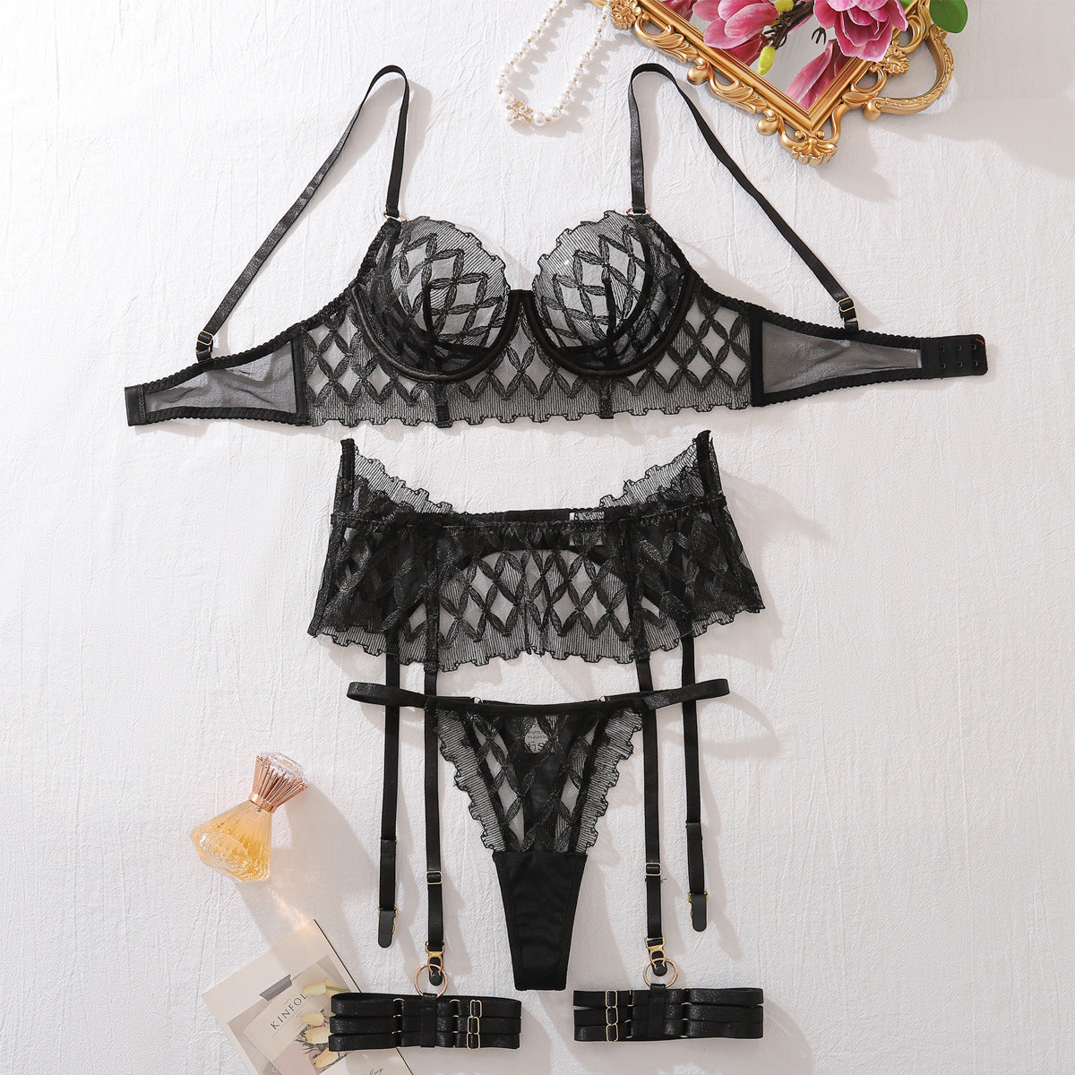 Sexy Lace Bra Mesh See through Shaping Slim Sexy Lingerie Underwear Four Piece Set