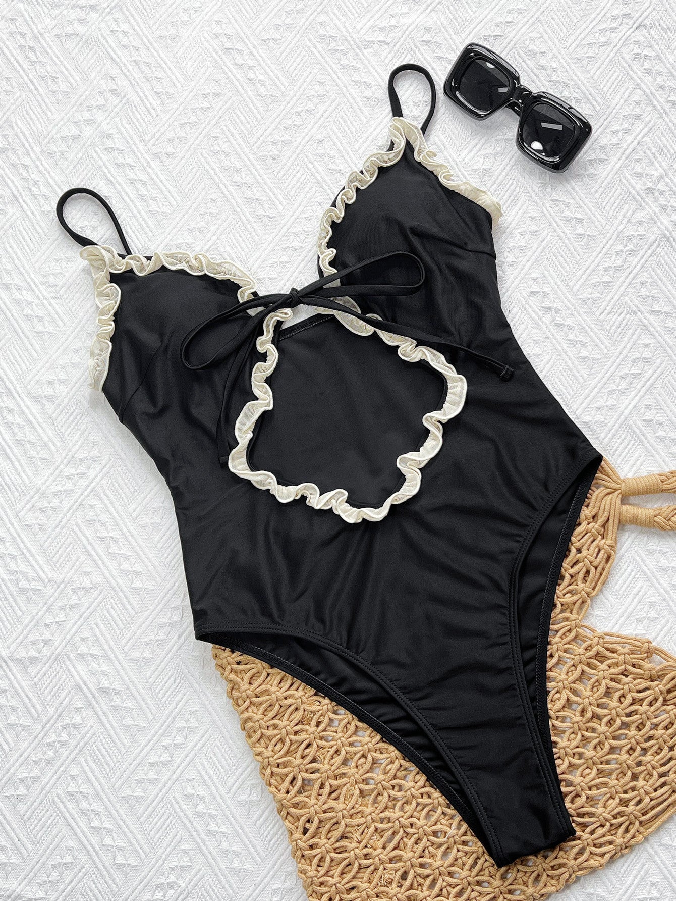 Bikini White Coffee Contrast Color Hollow Out Cutout Strap One Piece Swimsuit