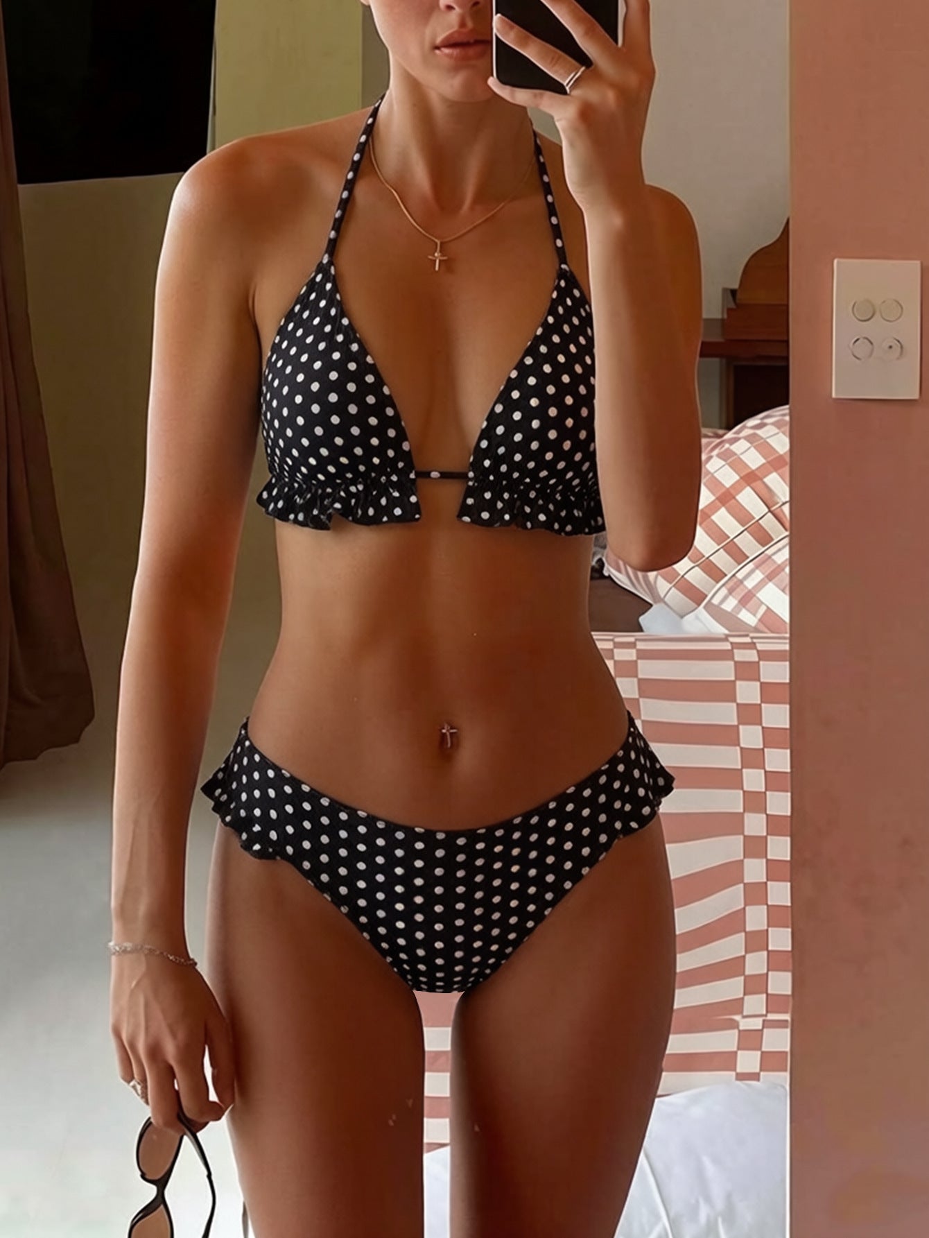 Bikini Small Lace Polka Dot Printed Lace up Sexy Split Swimsuit Bikini for Women
