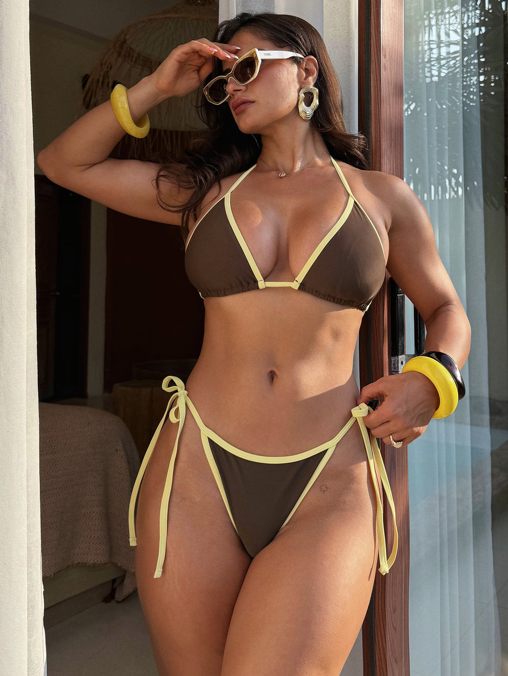 Swimwear Split Contrast Color Sexy Bikini Solid Color Bikini Three Piece Swimsuit