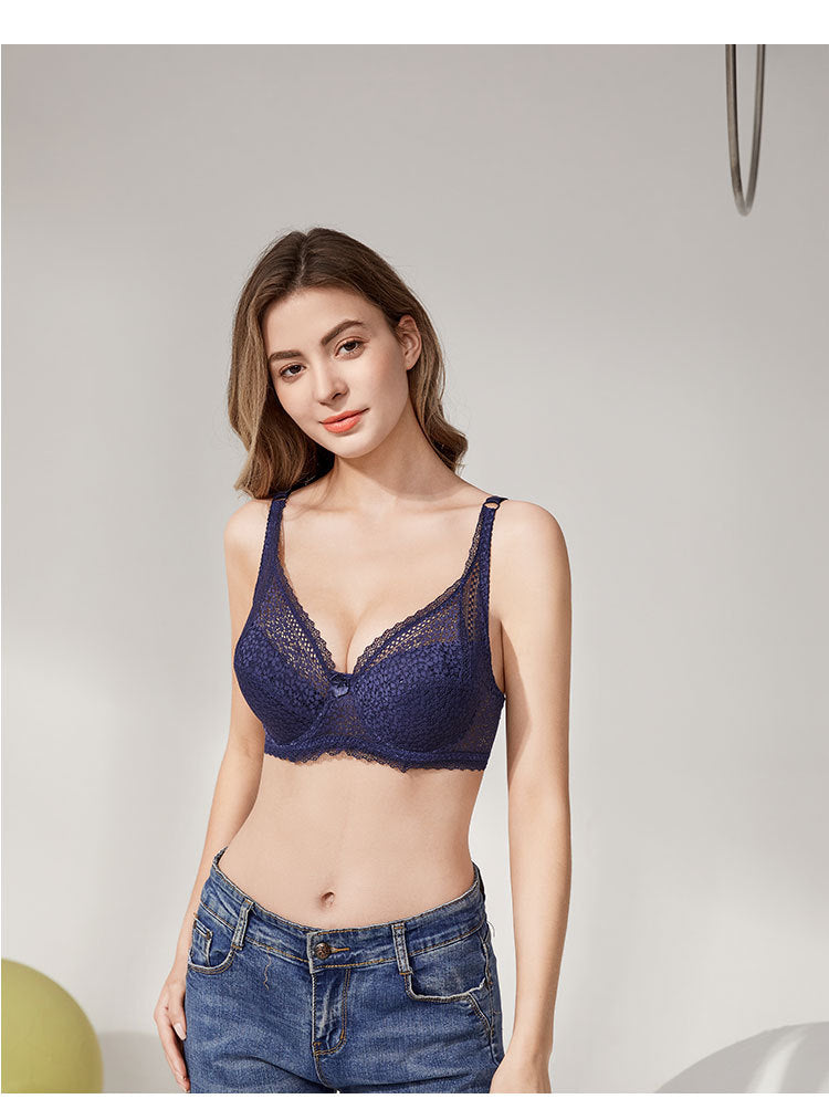 Underwear Adjustable Thin Big Breast Show Little Gather Ladies Lace Steel Ring Bra