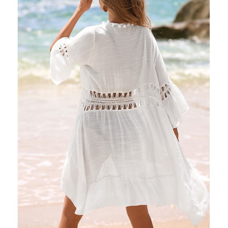 Sexy Hollow Out Cutout Deep V Plunge neck Knitted Fitted Waist Beach Sun Protection Seaside Holiday Blouse Outwear Women
