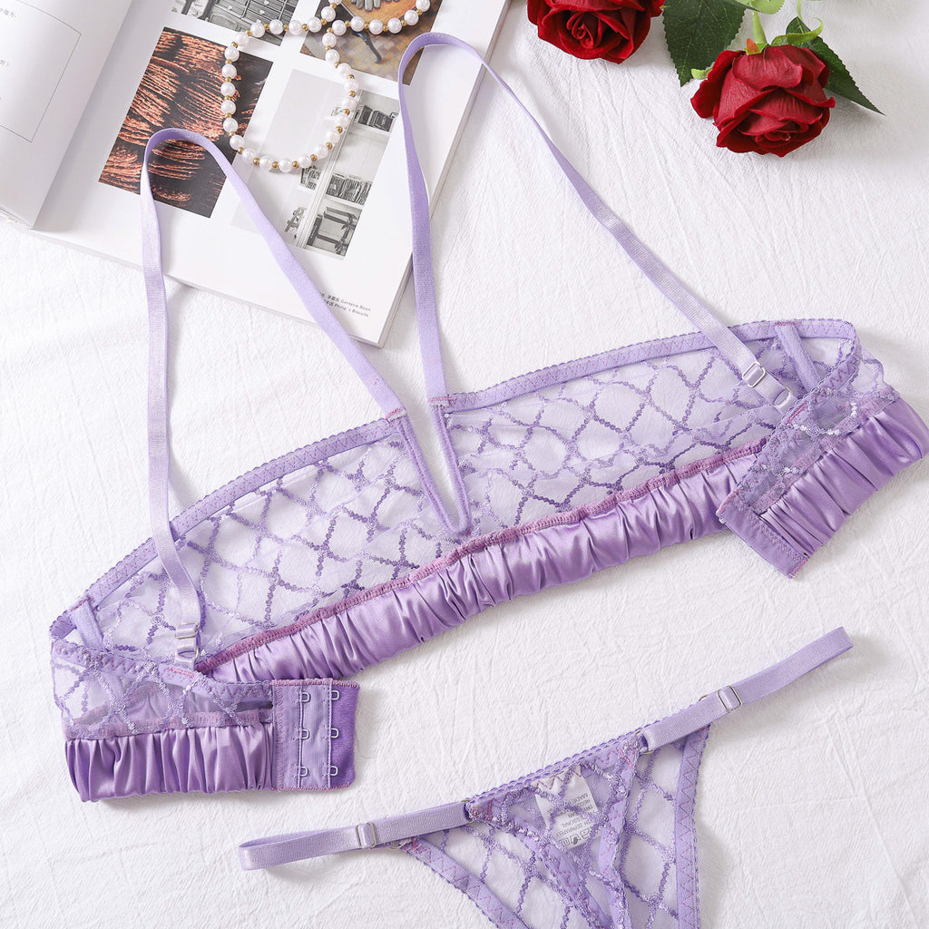 French Sexy Purple Lace Thin Bra Set Mesh See through Shapewear Underwear Two Piece Set