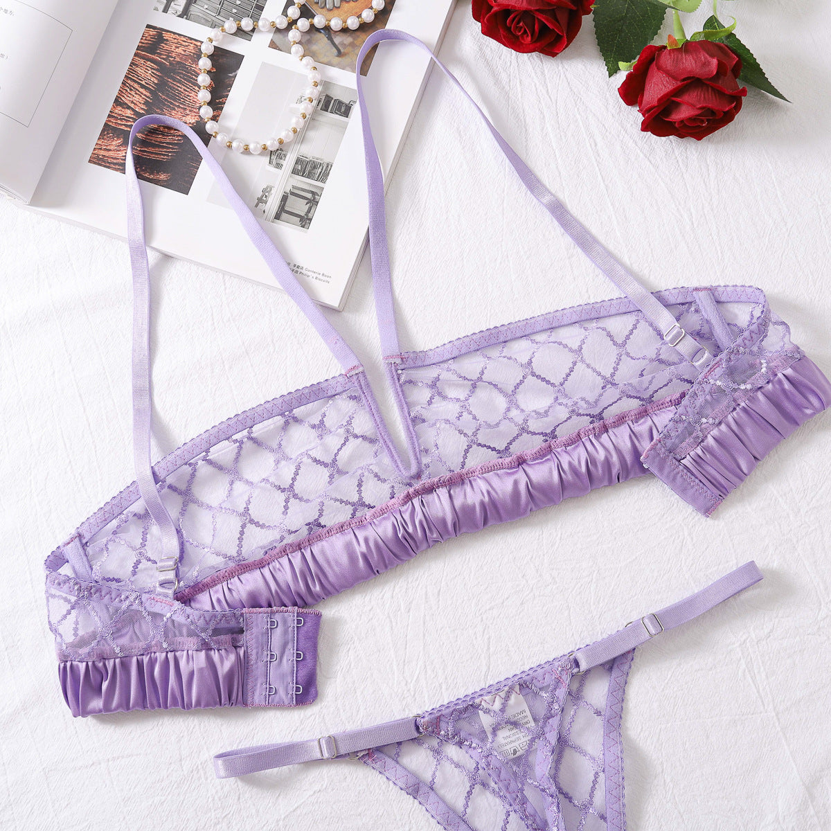 French Sexy Purple Lace Thin Bra Set Mesh See through Shapewear Underwear Two Piece Set