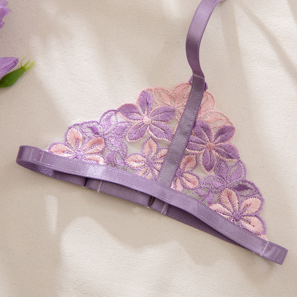 Purple Floral Embroidered Chest Cup with Lining Not Transparent Sexy Lingerie Three Piece Set Women
